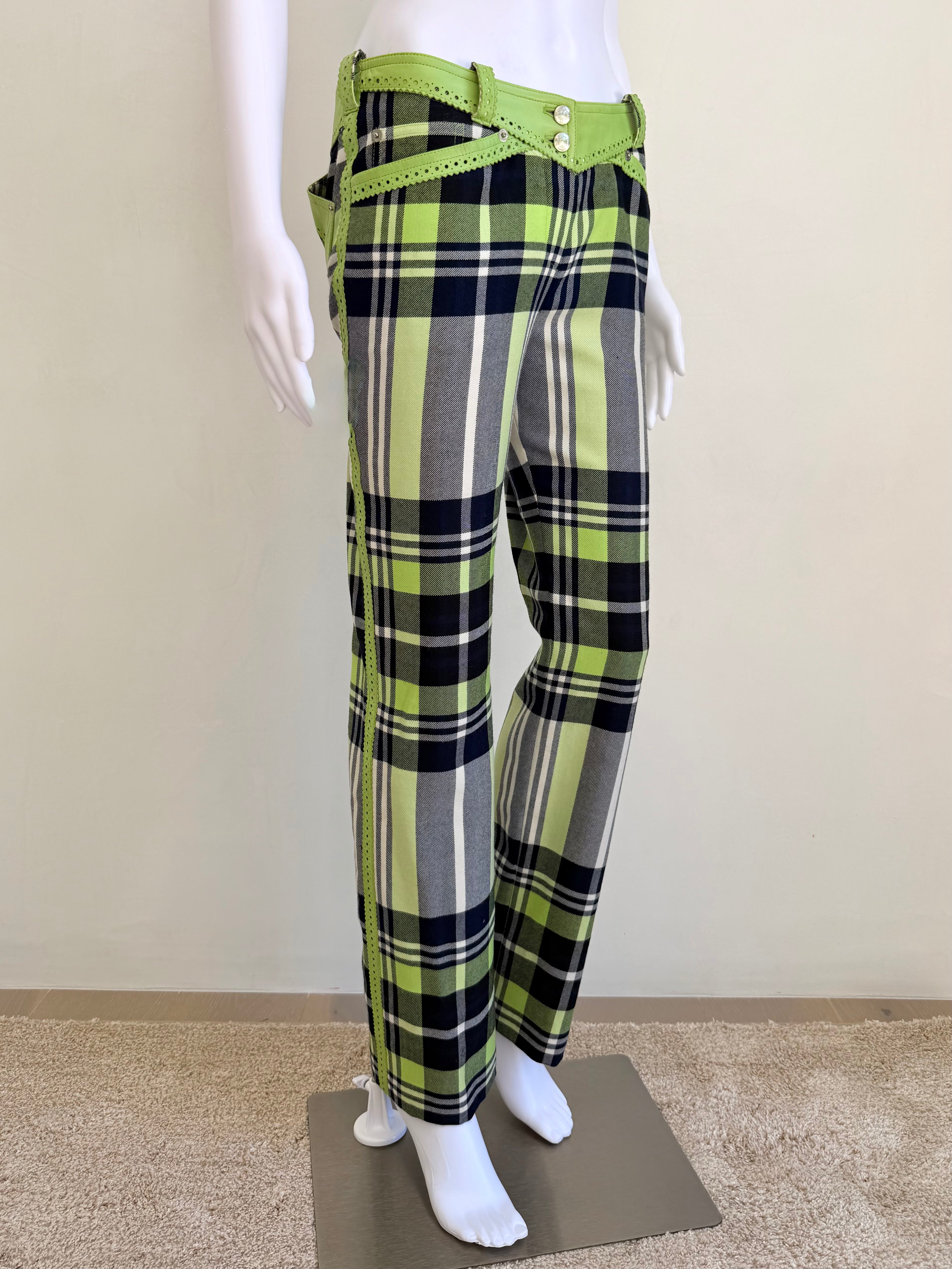 Lime Green Plaid Wool Pants with Leather Trim