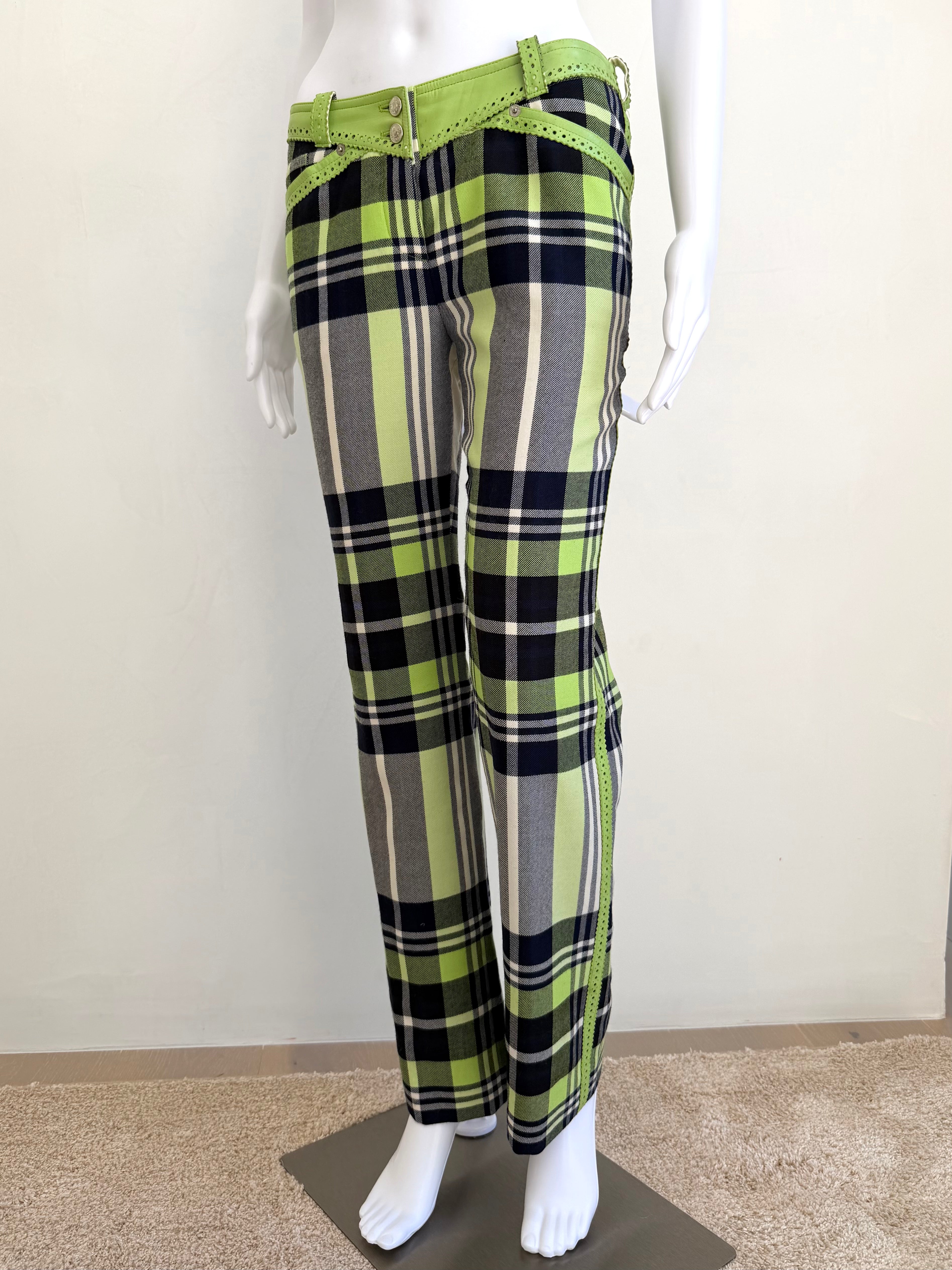 Lime Green Plaid Wool Pants with Leather Trim