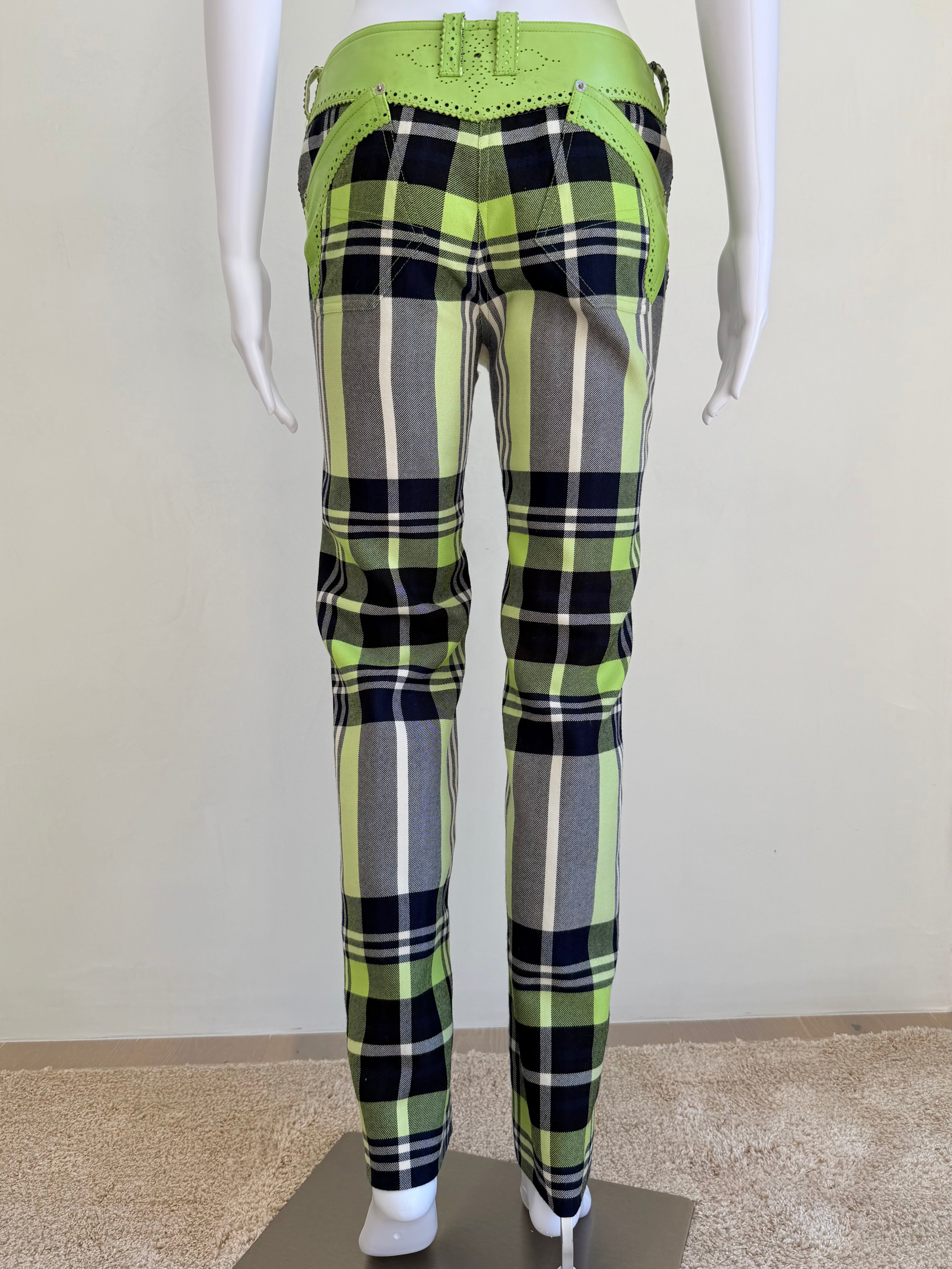 Lime Green Plaid Wool Pants with Leather Trim