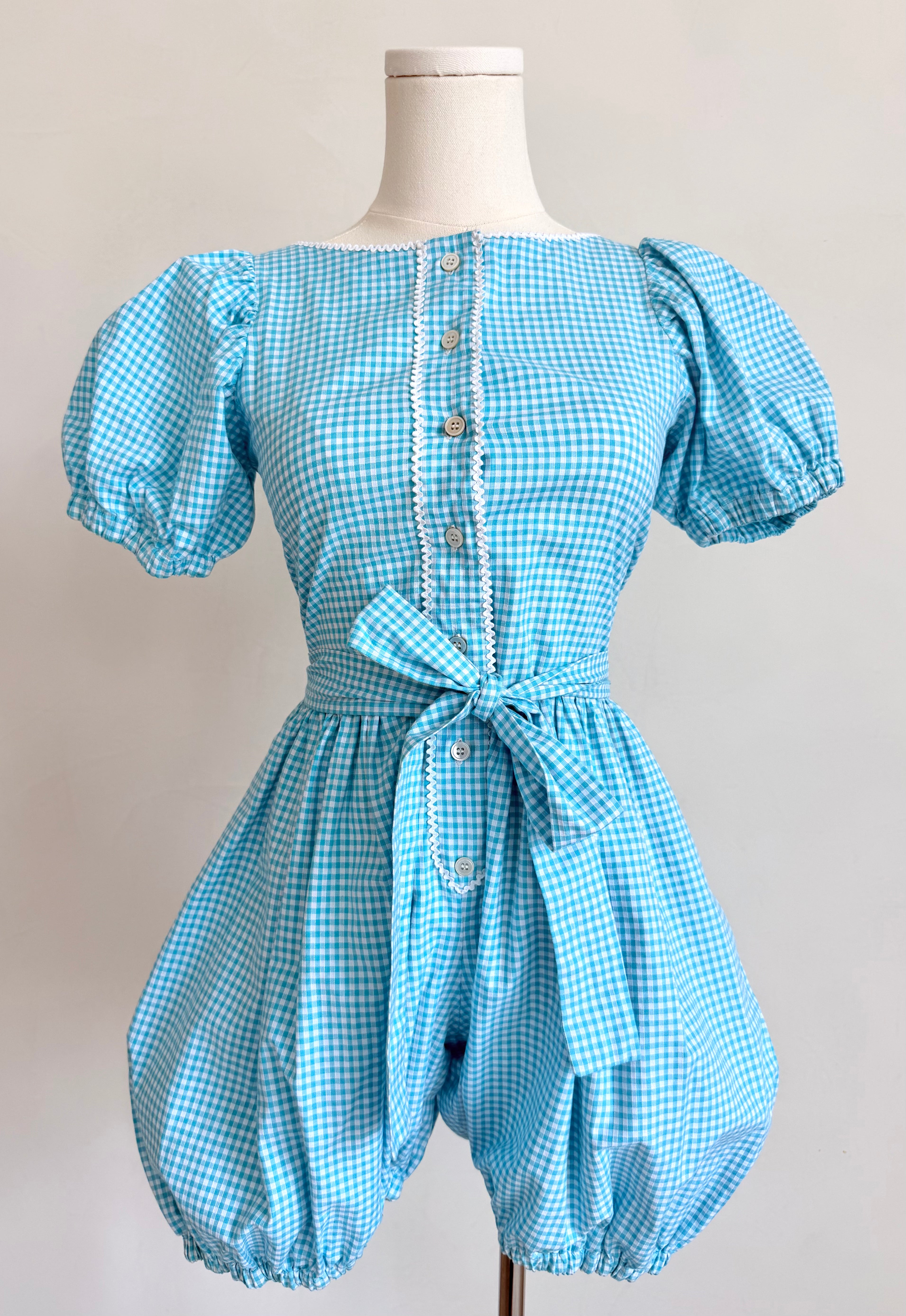 1980s Turquoise Gingham Puff-Sleeve Romper
