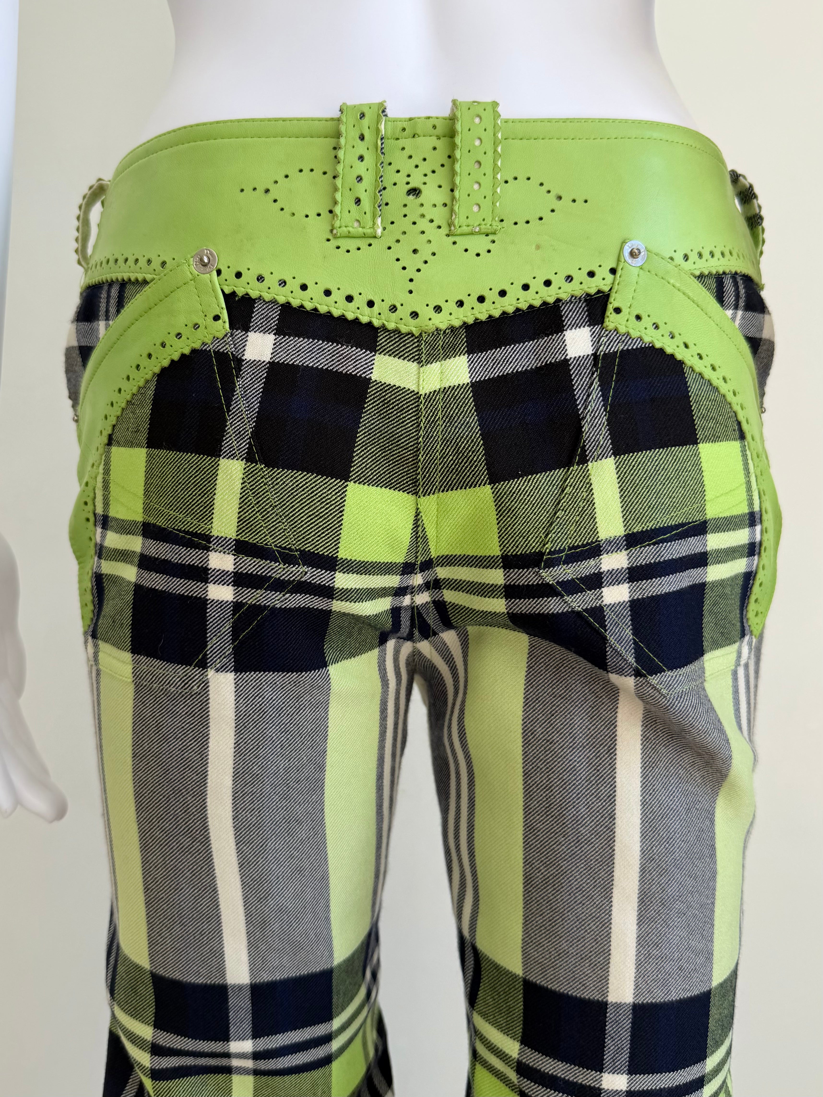 Lime Green Plaid Wool Pants with Leather Trim