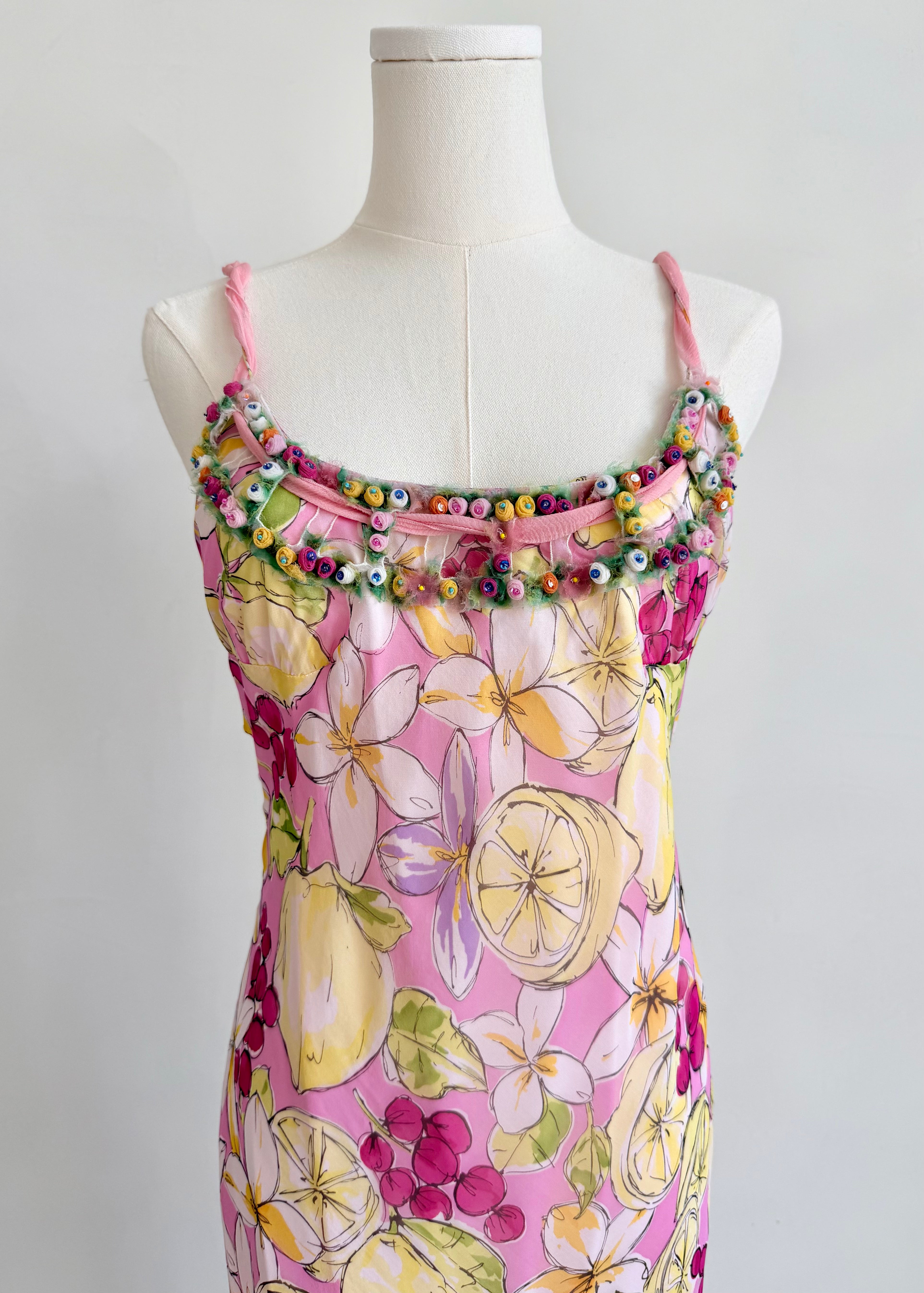 Pink Floral & Lemon Beaded Slip Dress