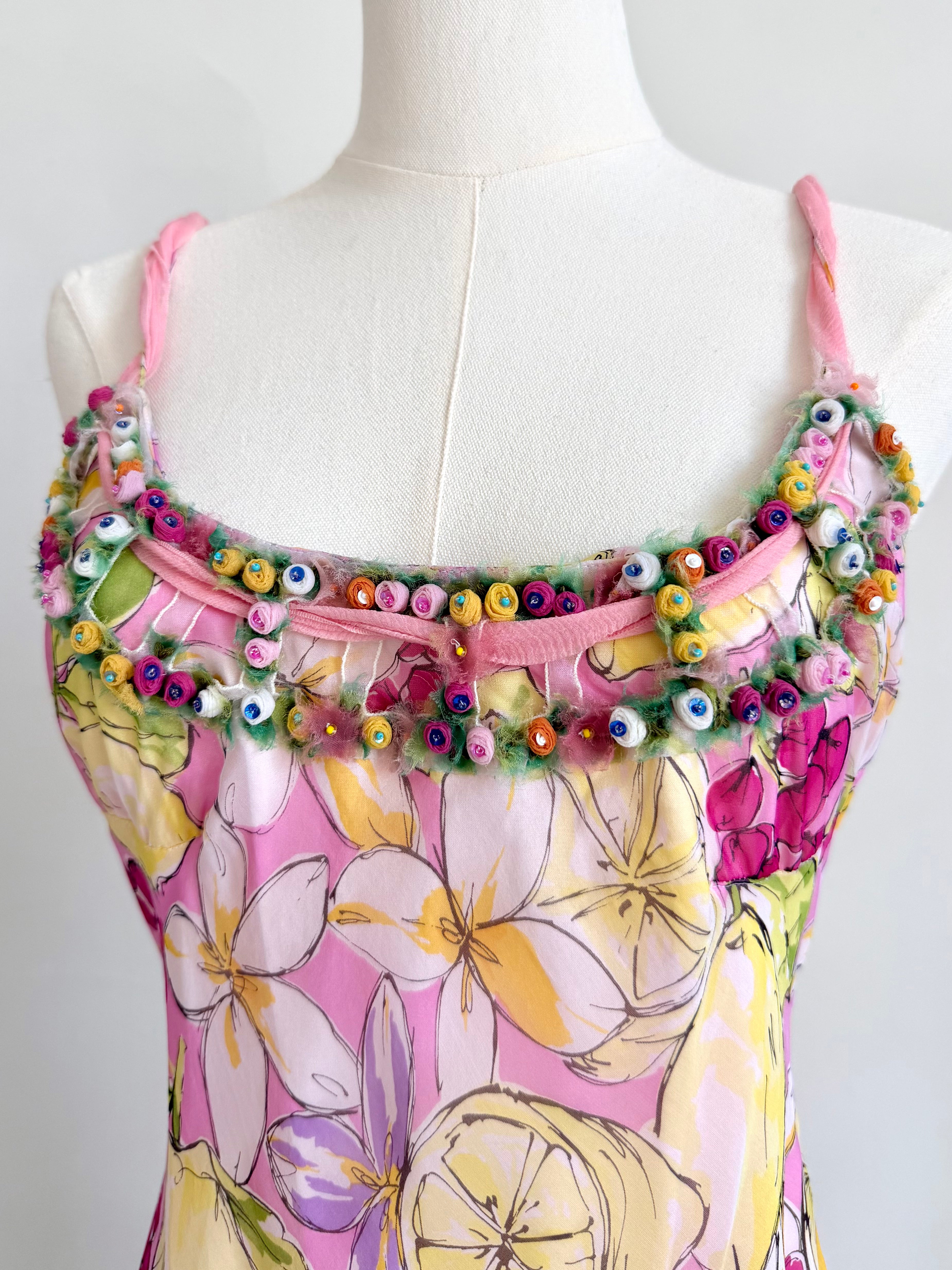 Pink Floral & Lemon Beaded Slip Dress