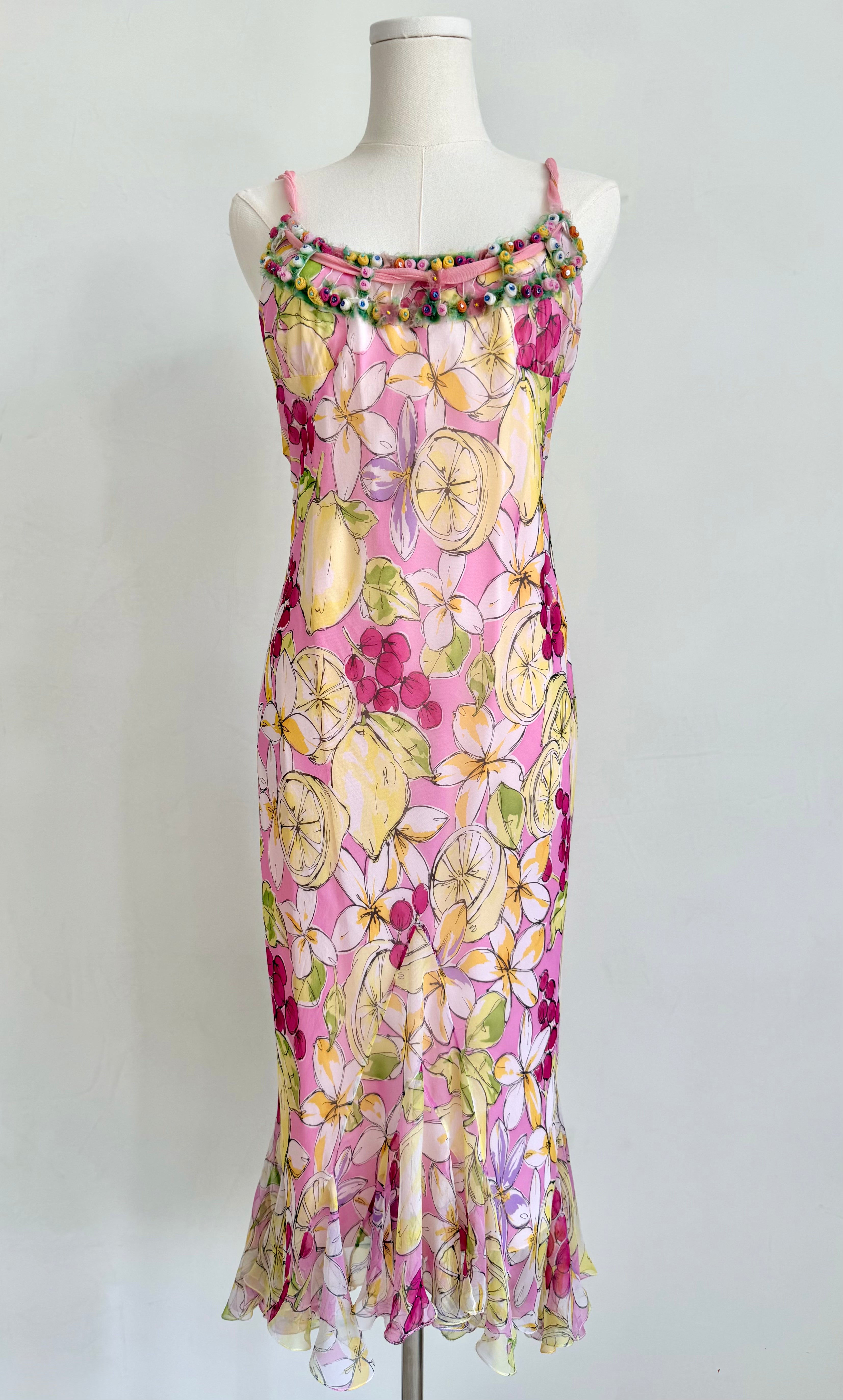 Pink Floral & Lemon Beaded Slip Dress