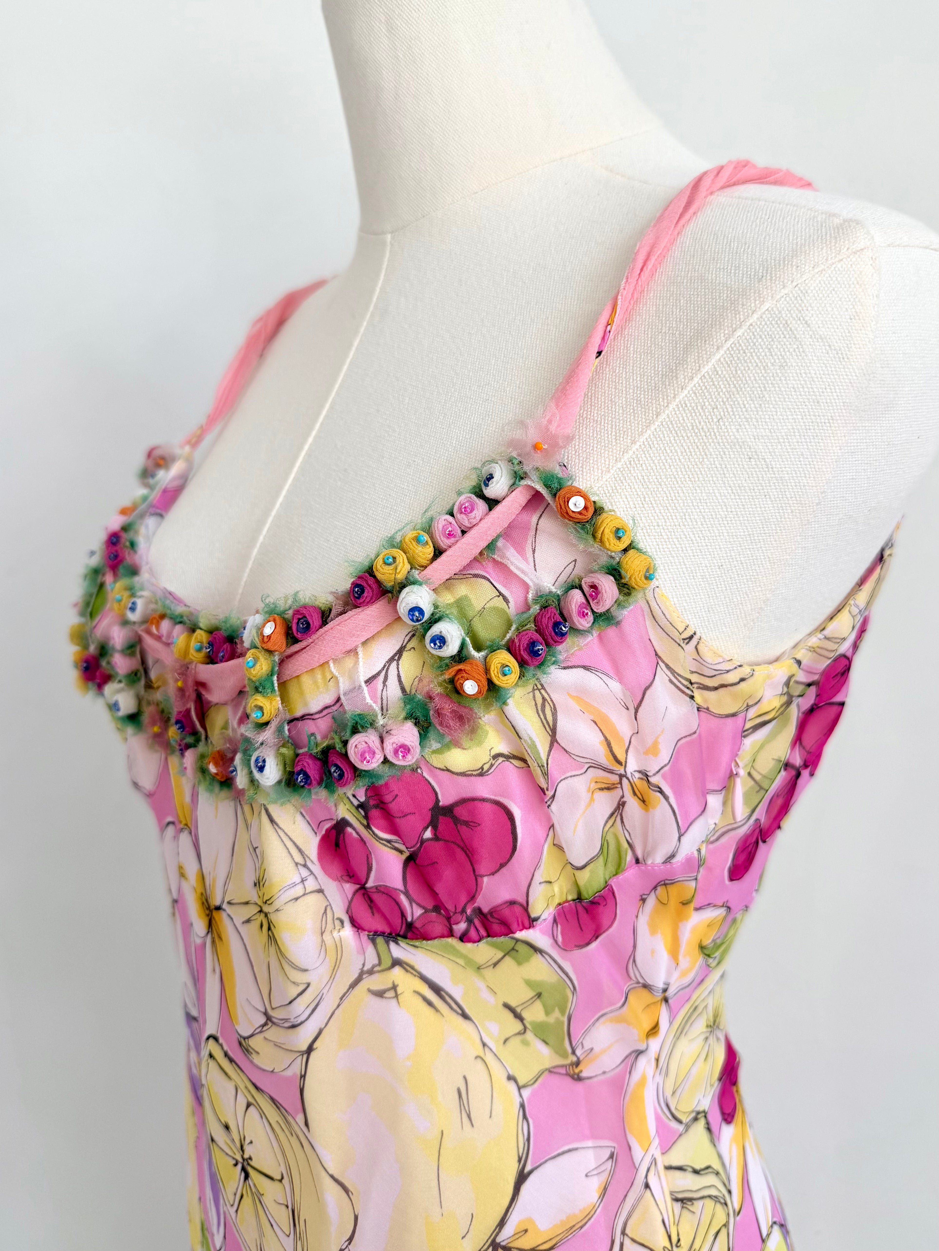 Pink Floral & Lemon Beaded Slip Dress