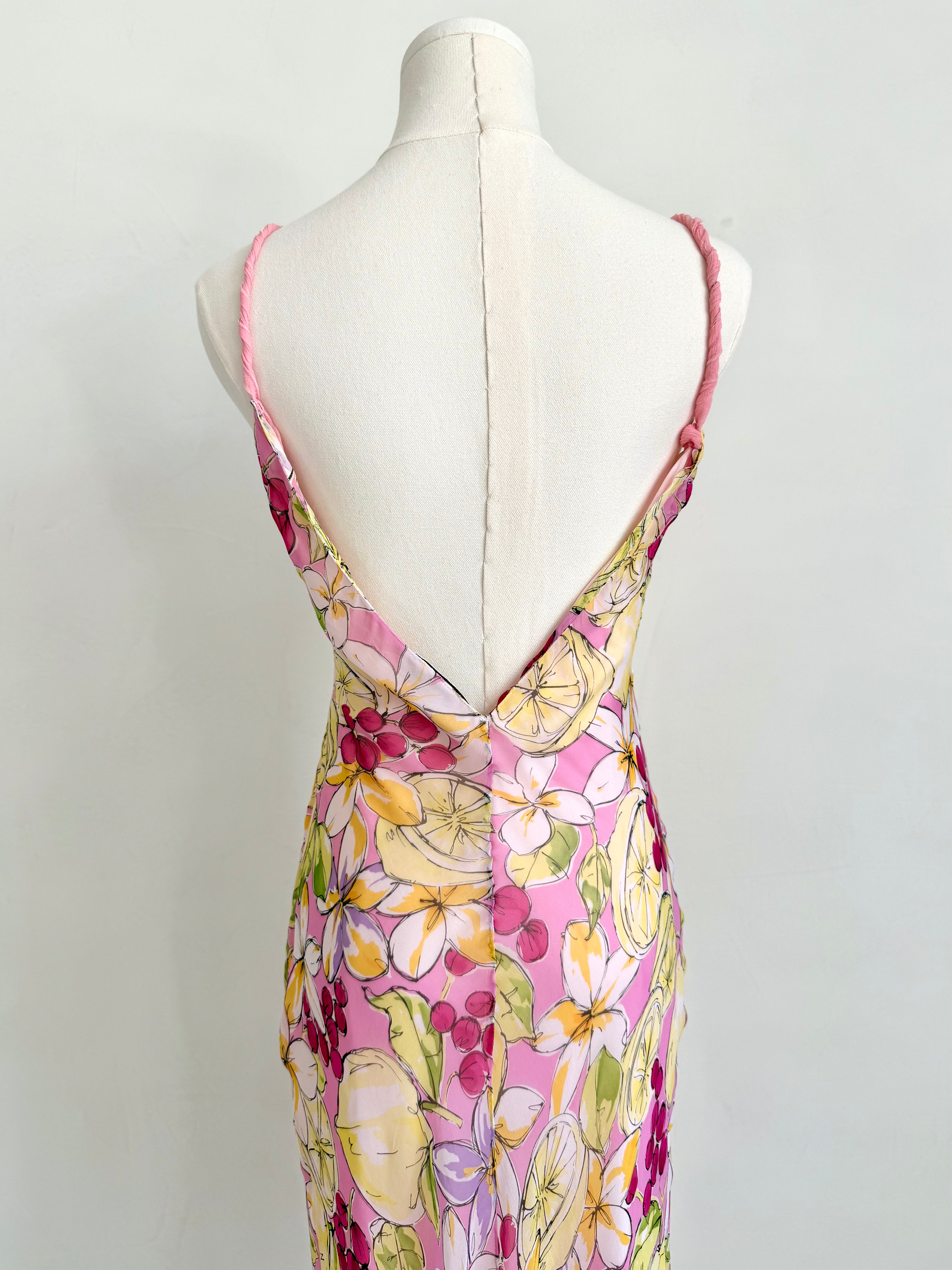 Pink Floral & Lemon Beaded Slip Dress