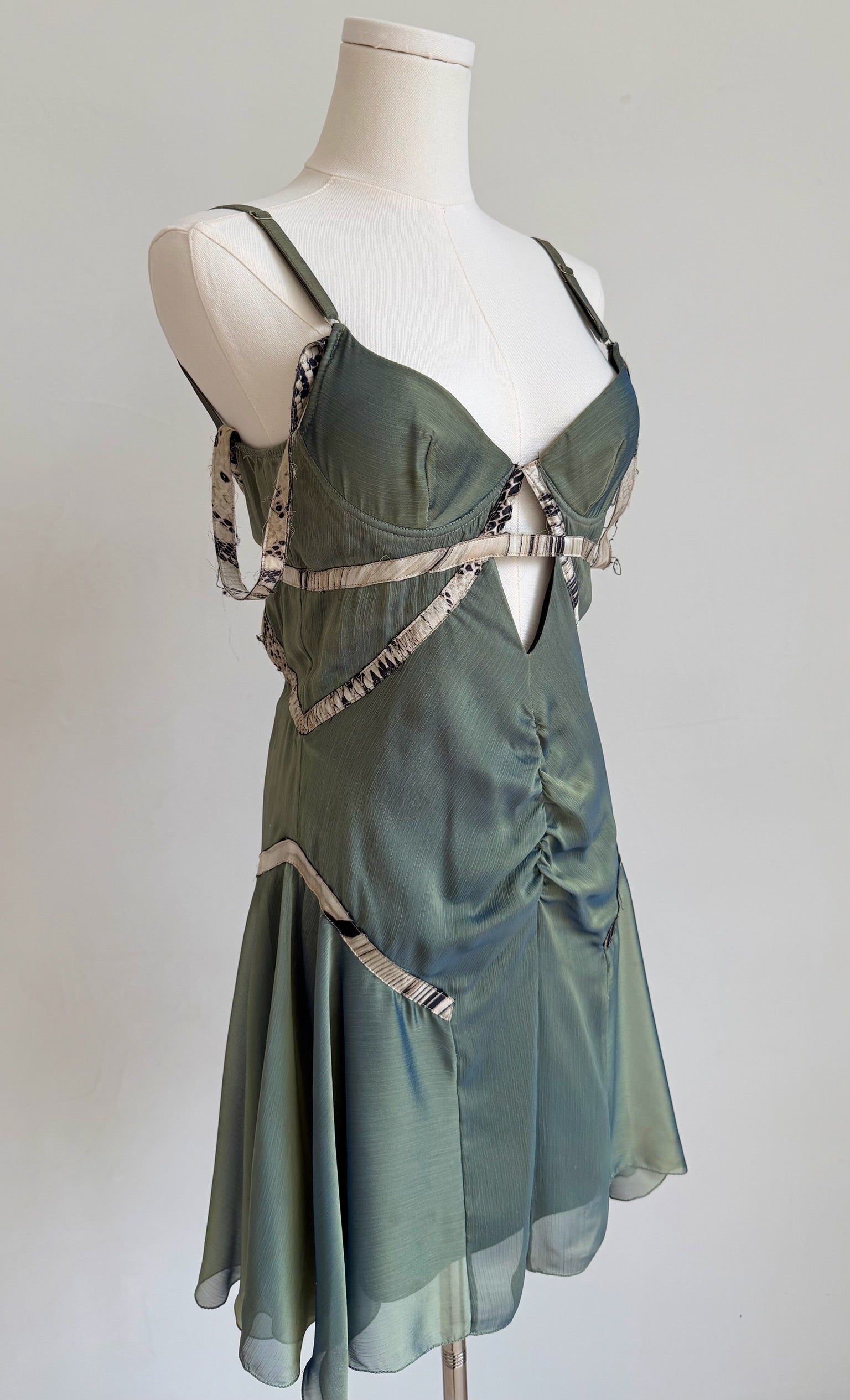 Olive Green Iridescent Silk Mini Dress