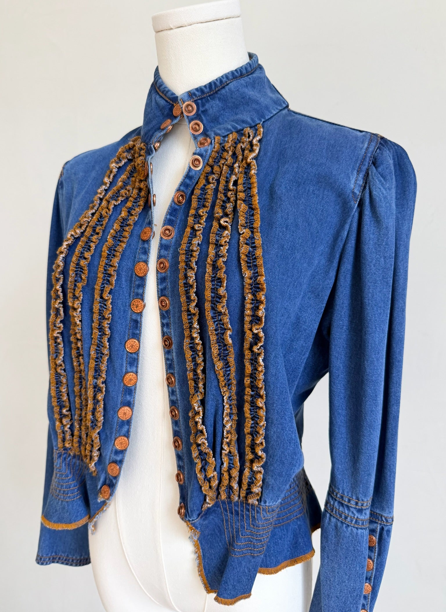 Denim Peplum Jacket with Ruffle Trim