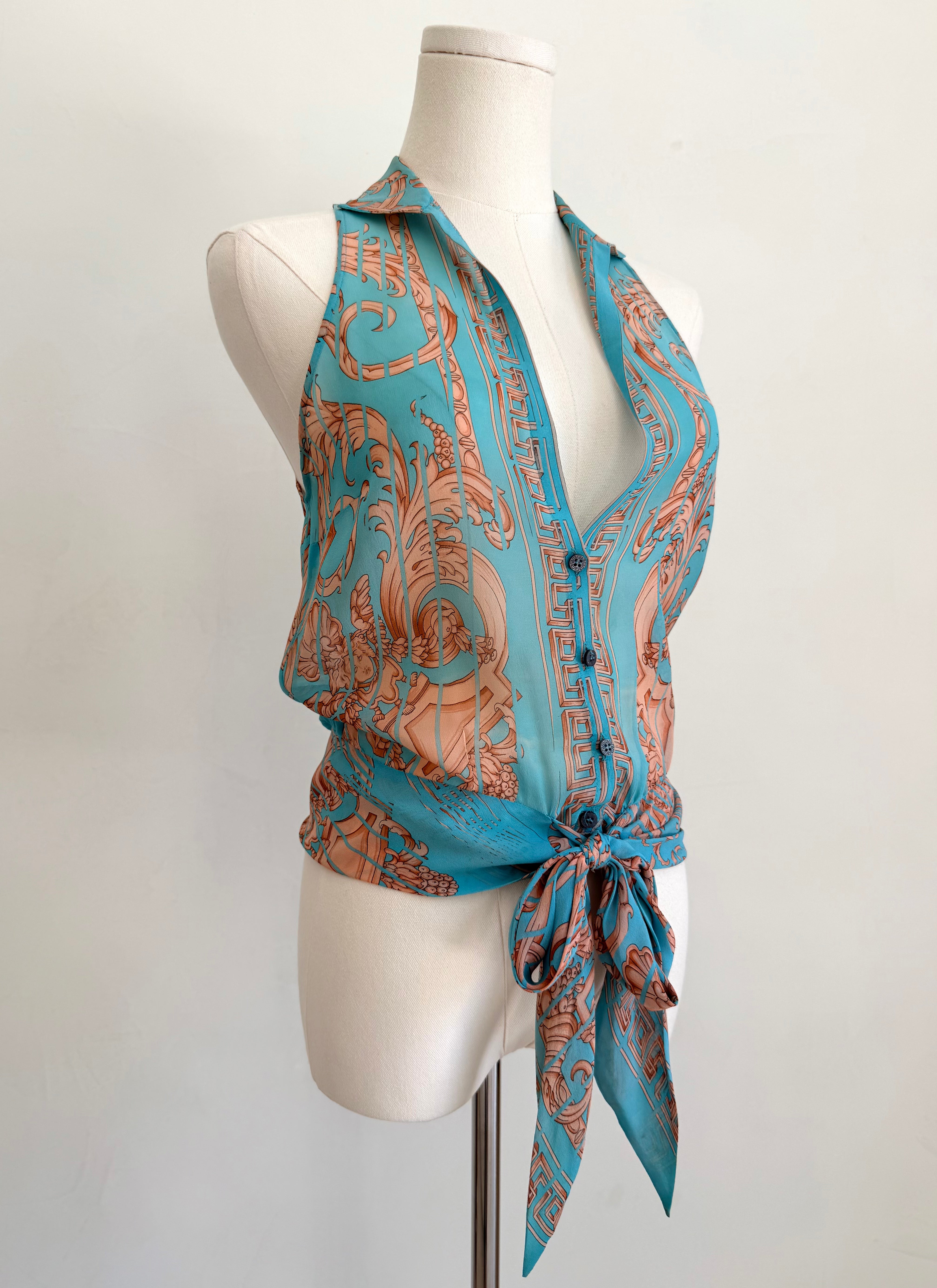 Turquoise Tie Up Sheer Top with Bronze Abstract Print