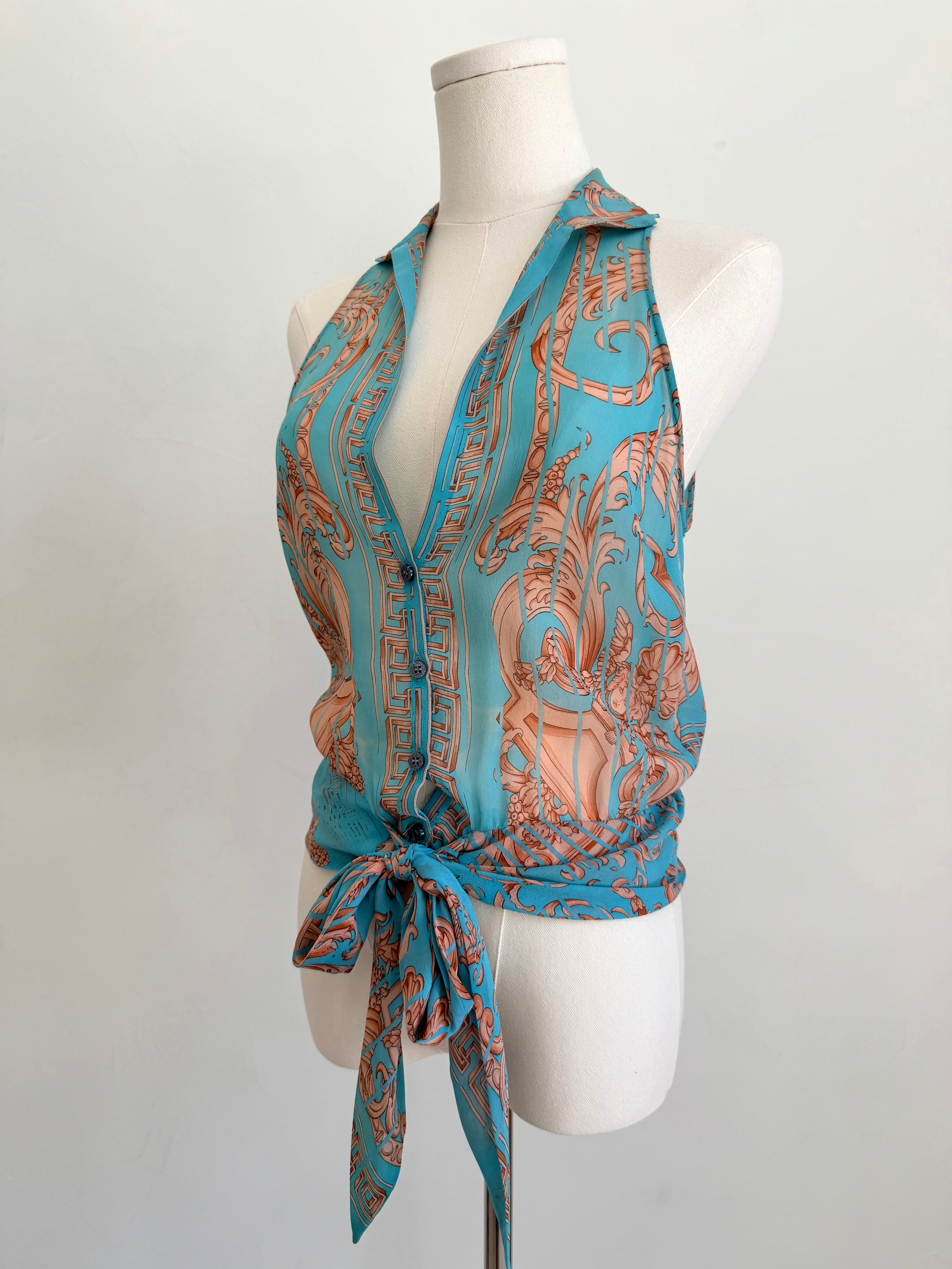 Turquoise Tie Up Sheer Top with Bronze Abstract Print