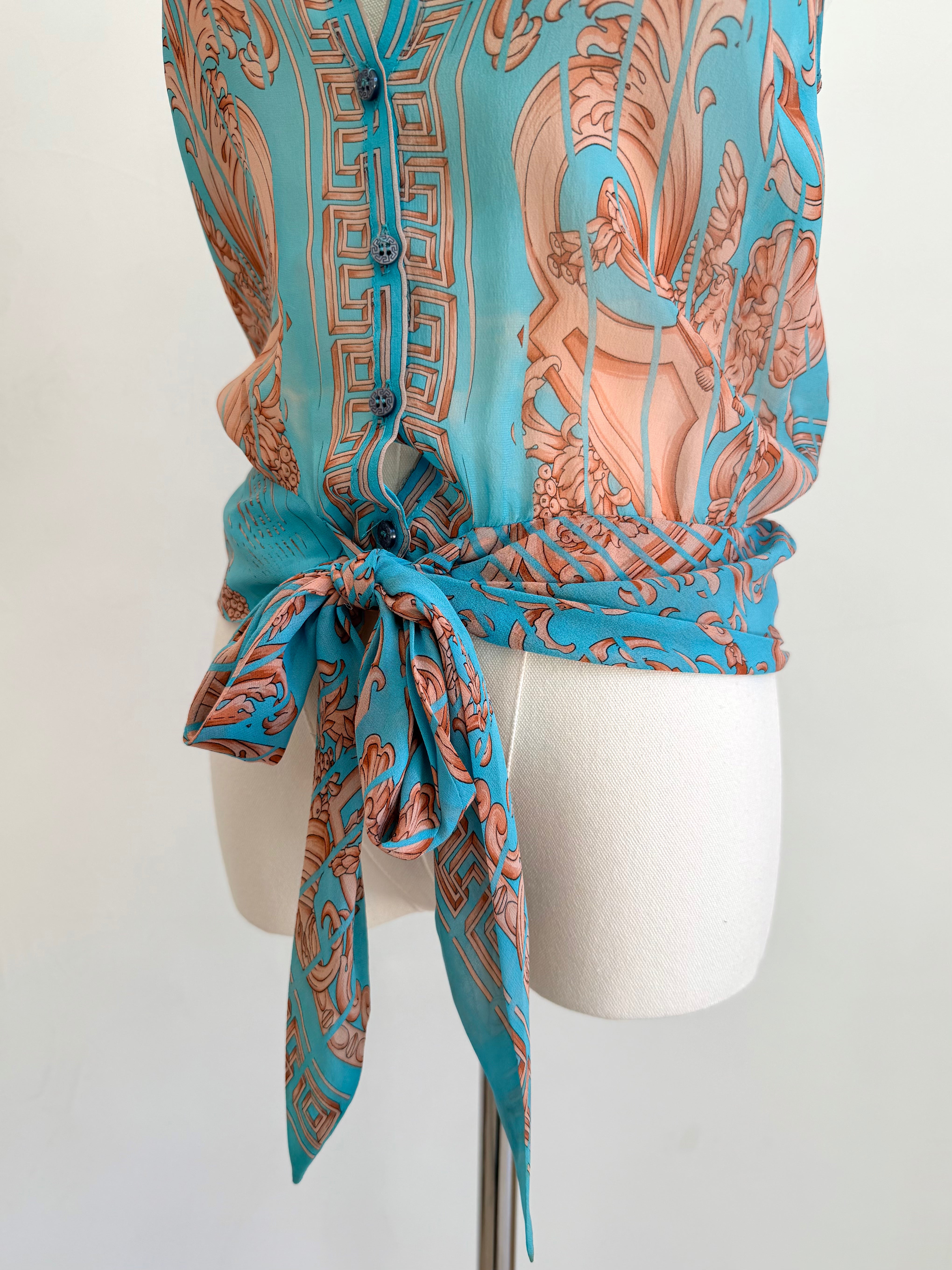 Turquoise Tie Up Sheer Top with Bronze Abstract Print