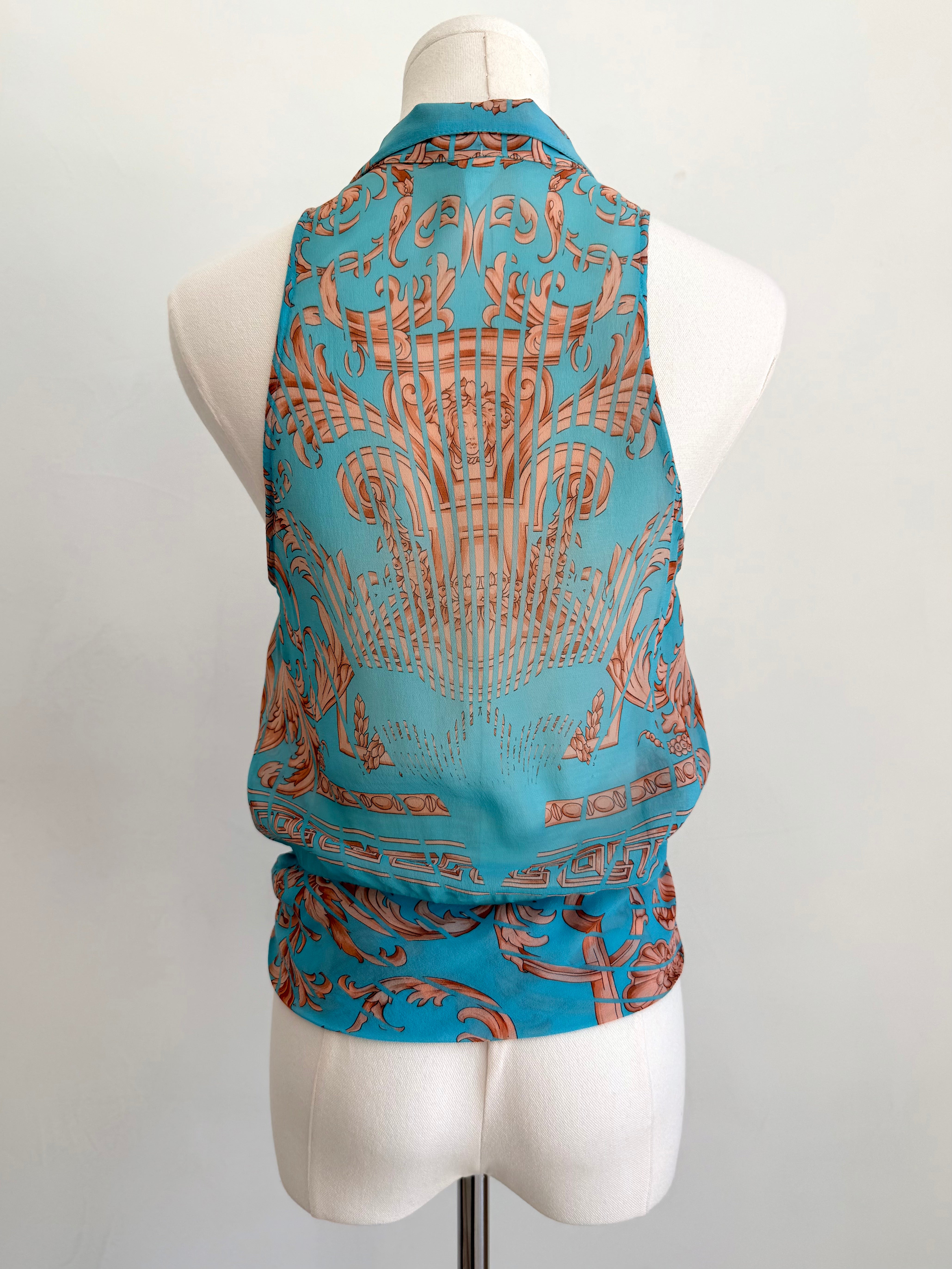 Turquoise Tie Up Sheer Top with Bronze Abstract Print