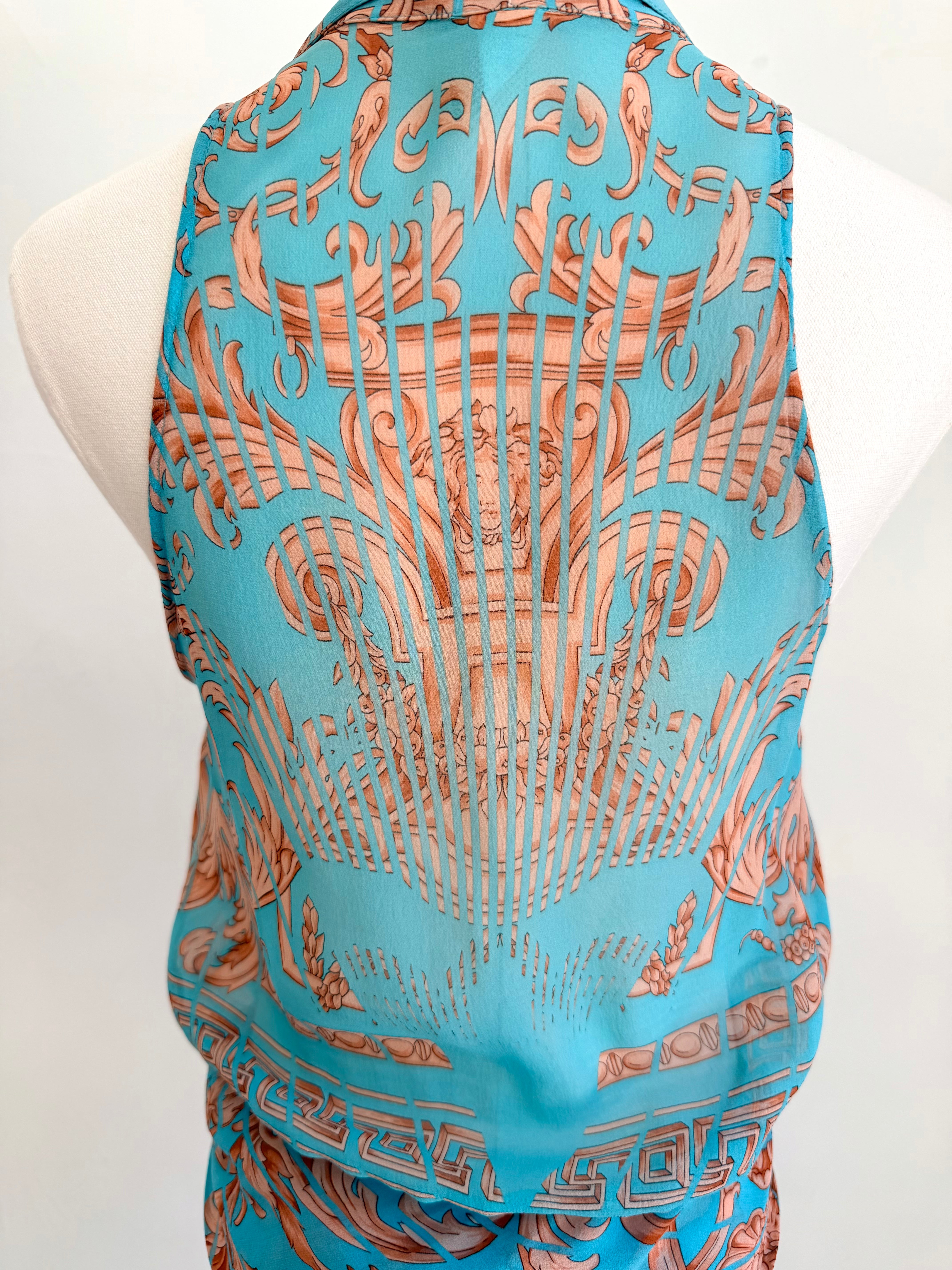 Turquoise Tie Up Sheer Top with Bronze Abstract Print