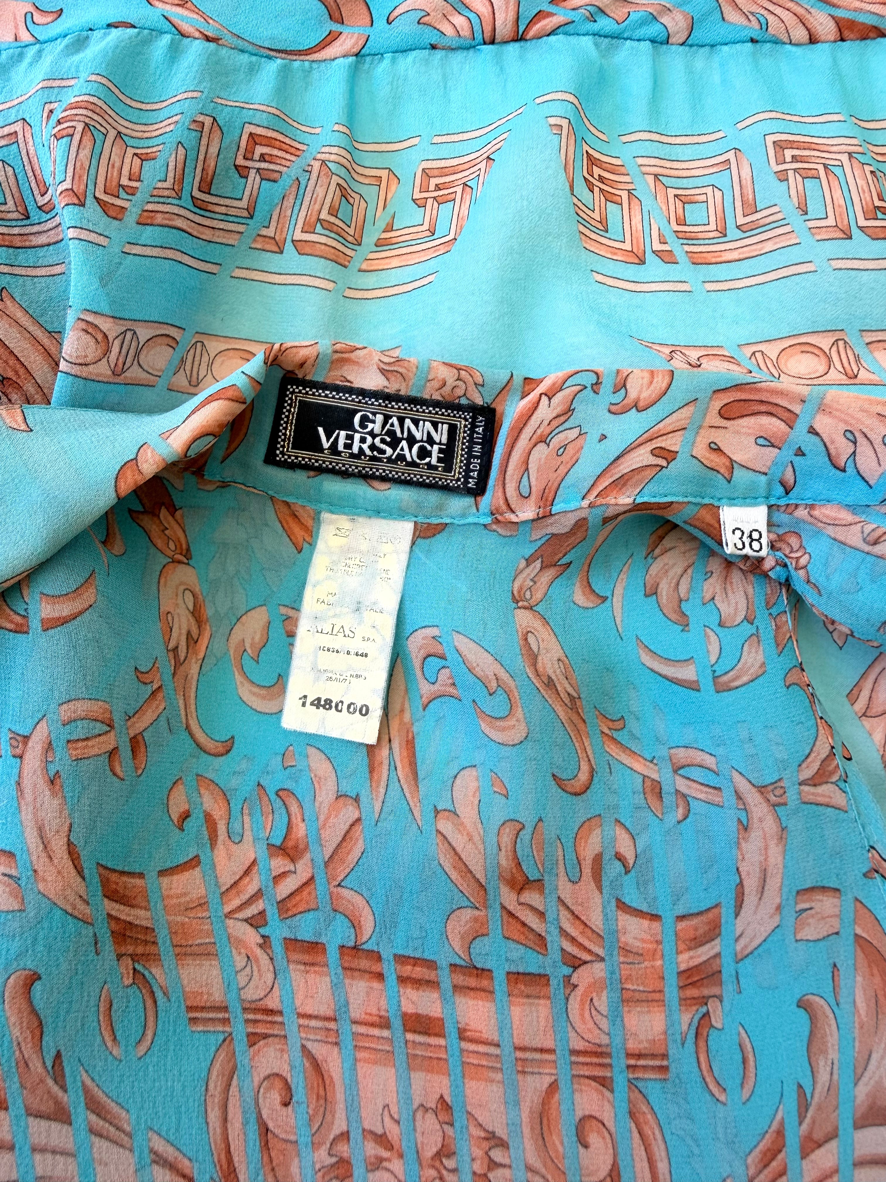 Turquoise Tie Up Sheer Top with Bronze Abstract Print