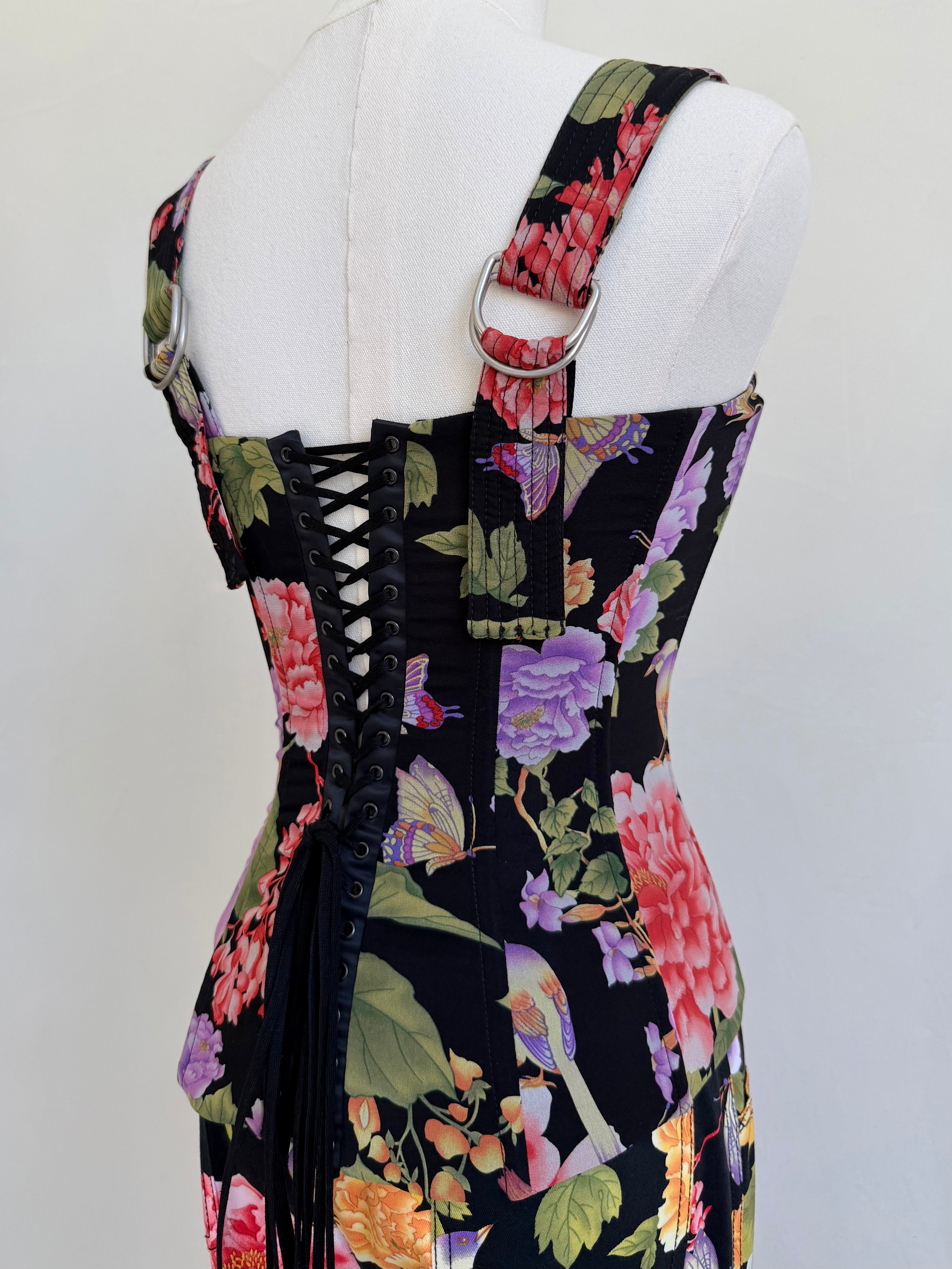 2000s Black Floral Print Lace Up Corset