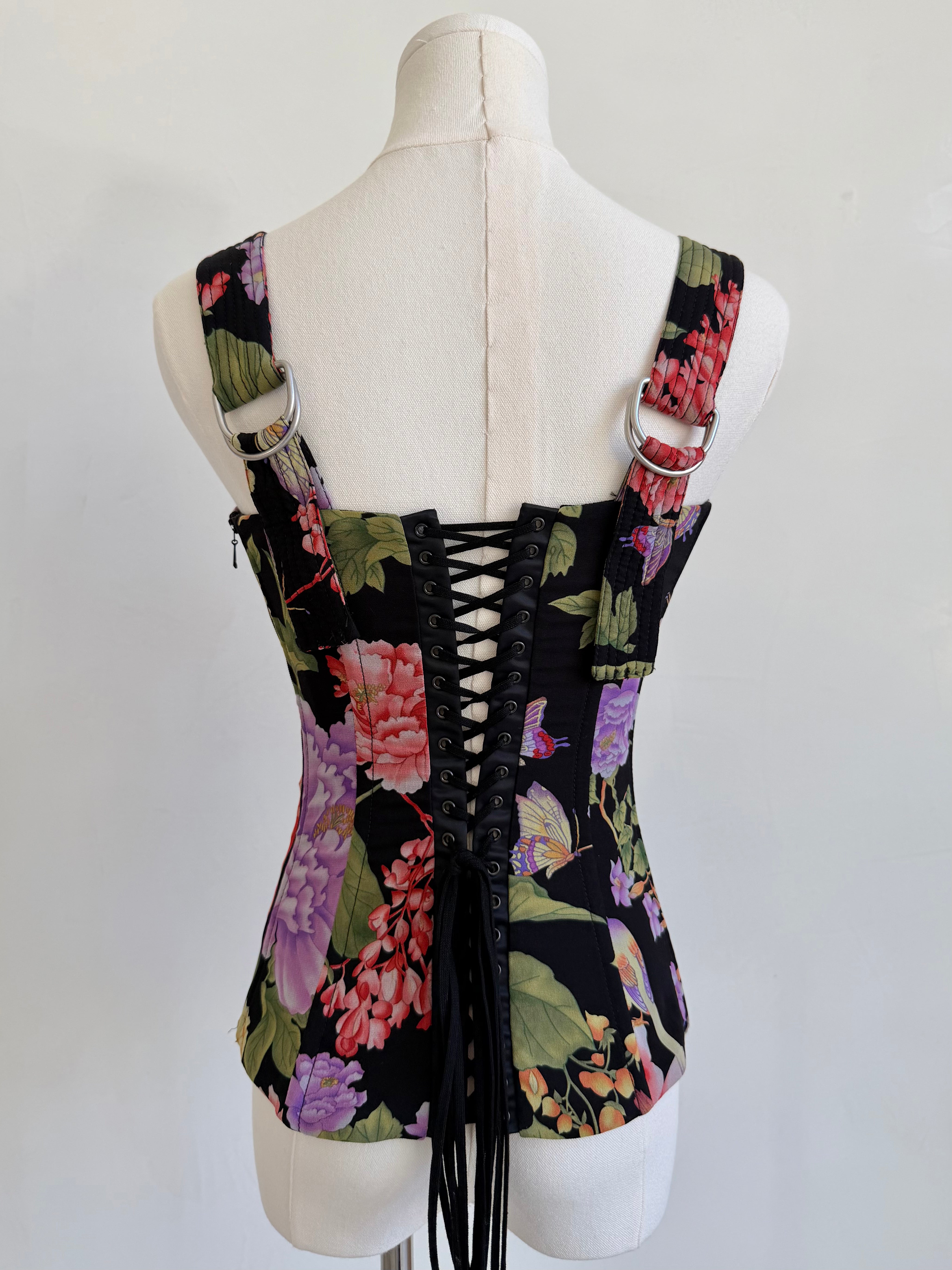 2000s Black Floral Print Lace Up Corset