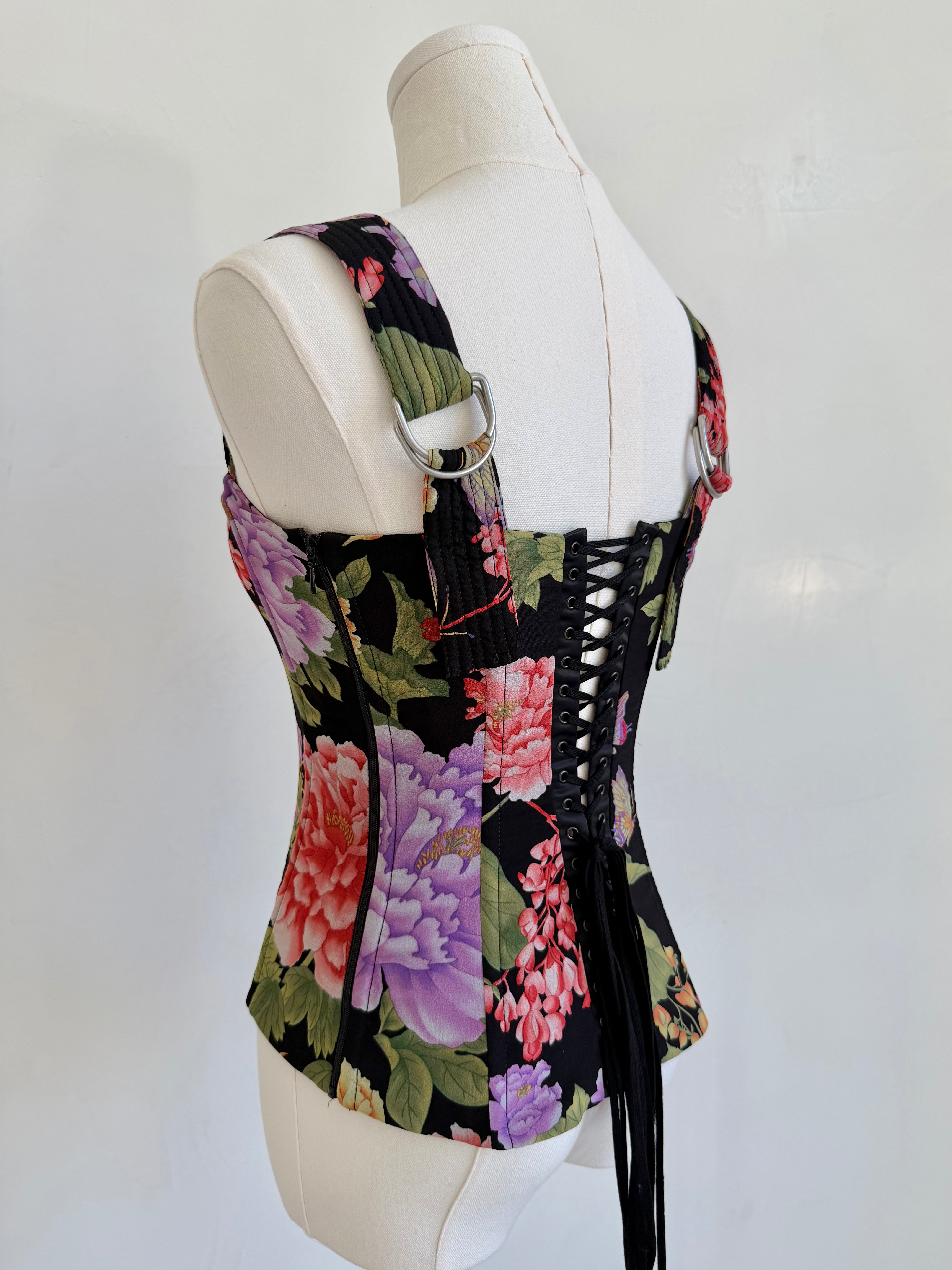 2000s Black Floral Print Lace Up Corset