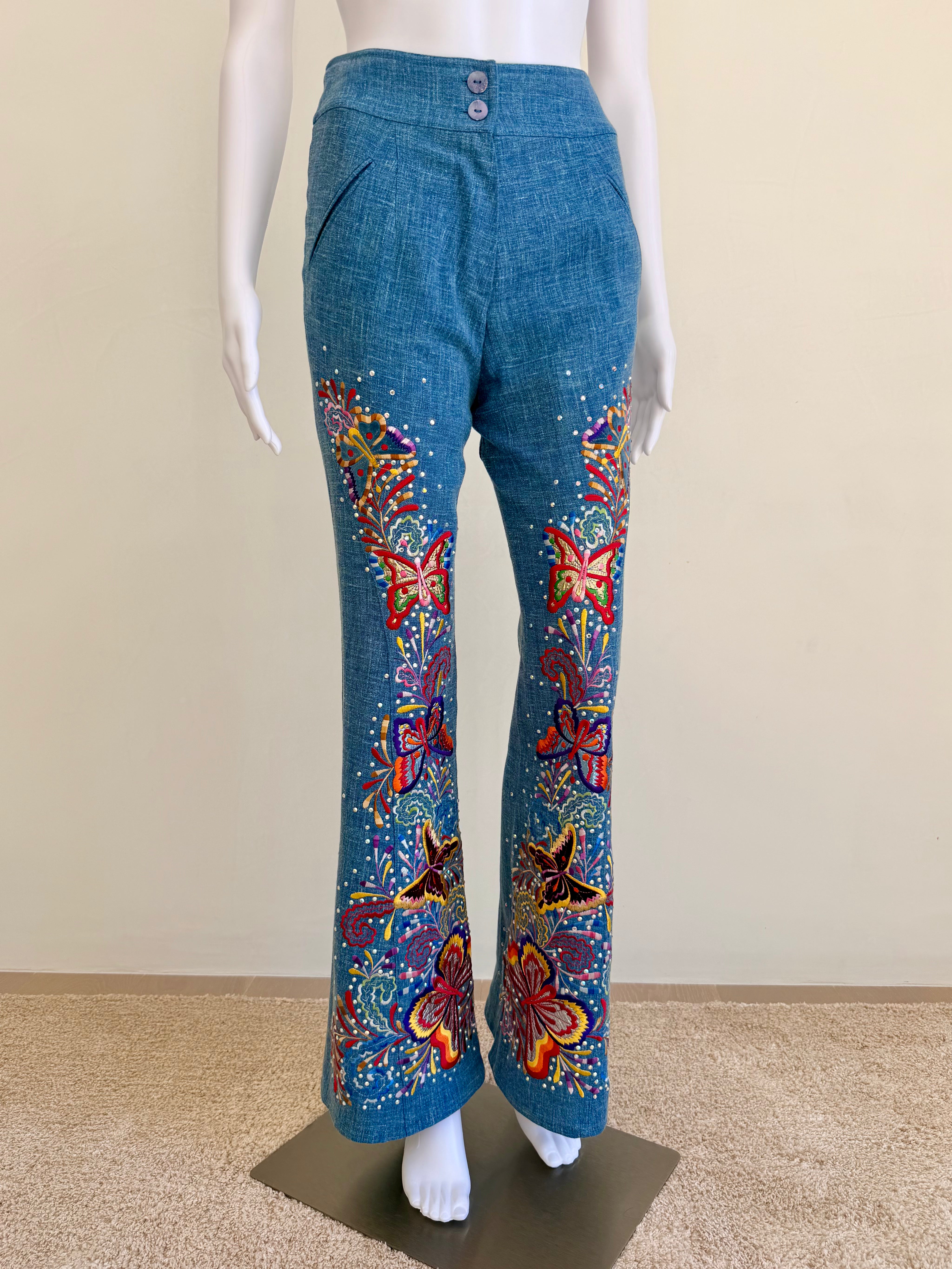 S/S 2003 Blue Linen Butterfly Embroidered Trousers