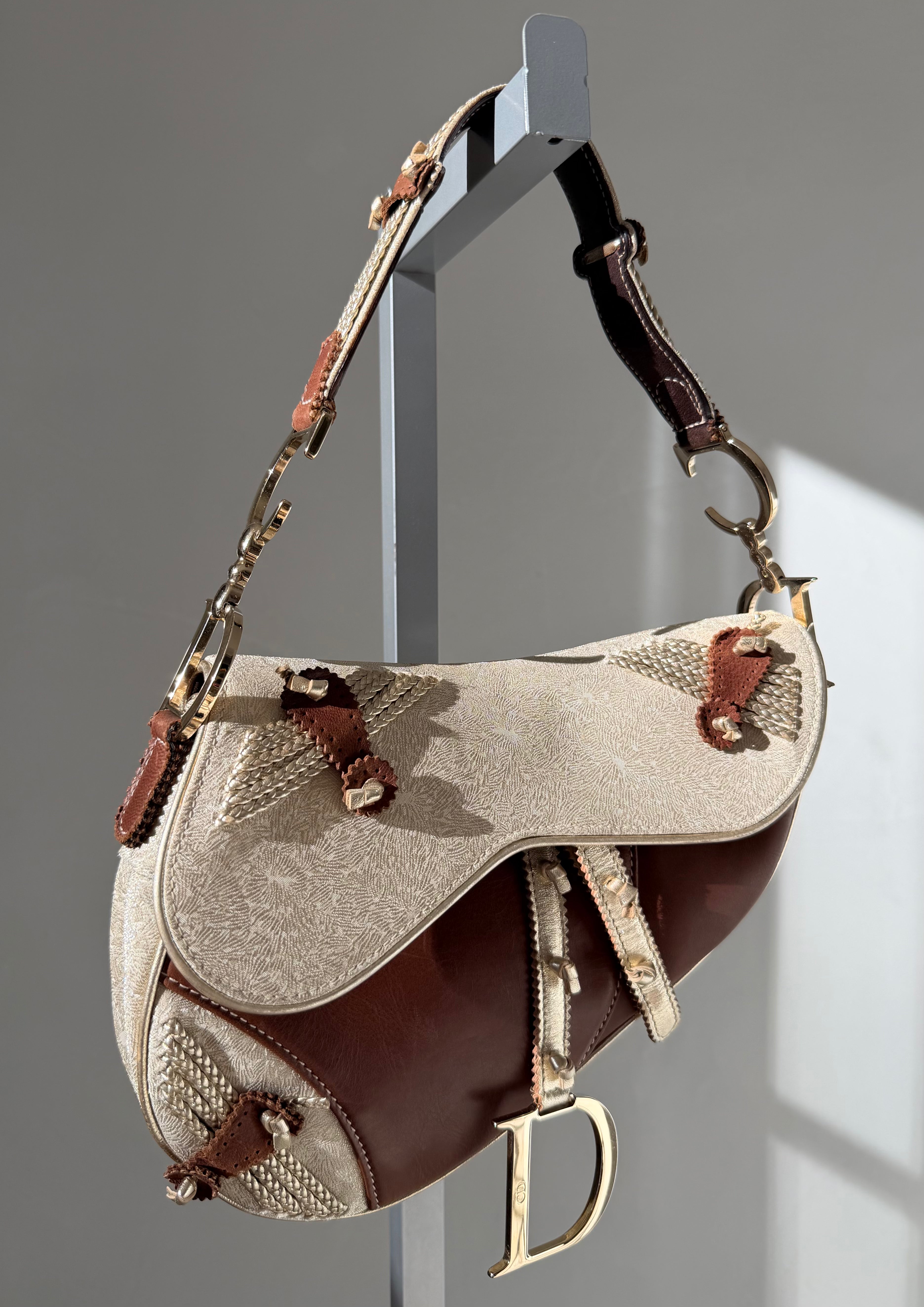 Brown & Ivory Metallic Gold Leather Saddle Bag