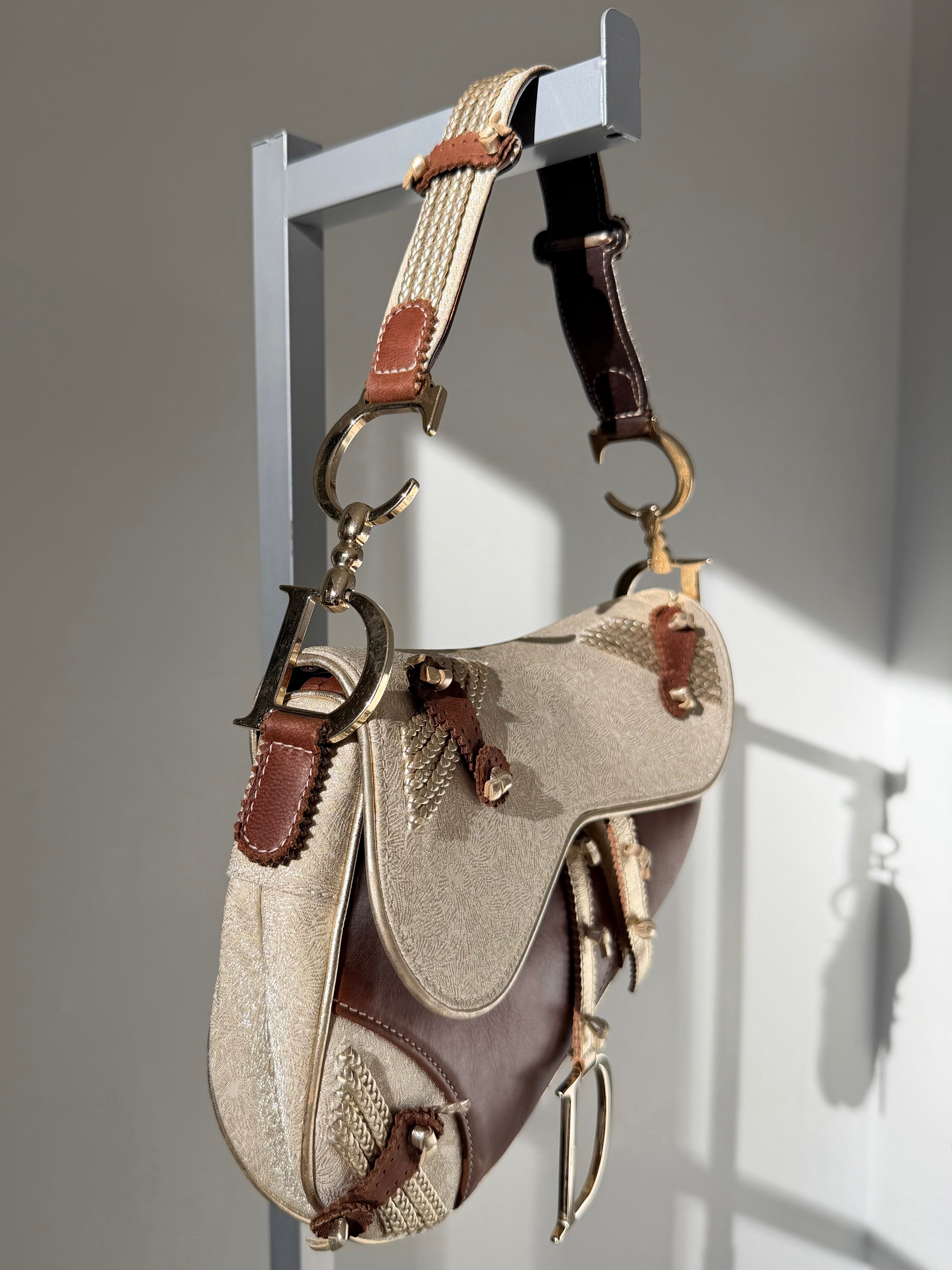 Brown & Ivory Metallic Gold Leather Saddle Bag