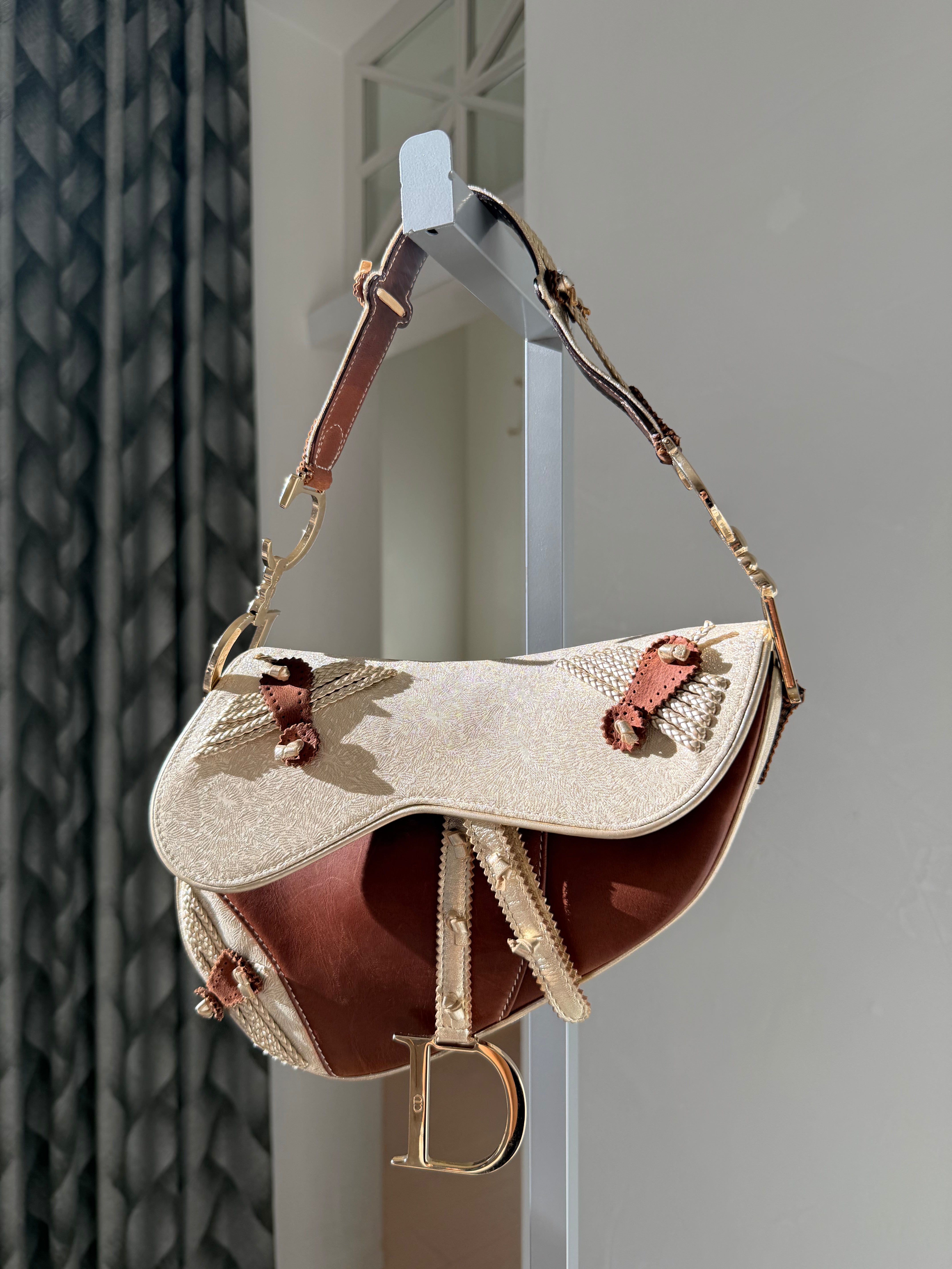 Brown & Ivory Metallic Gold Leather Saddle Bag