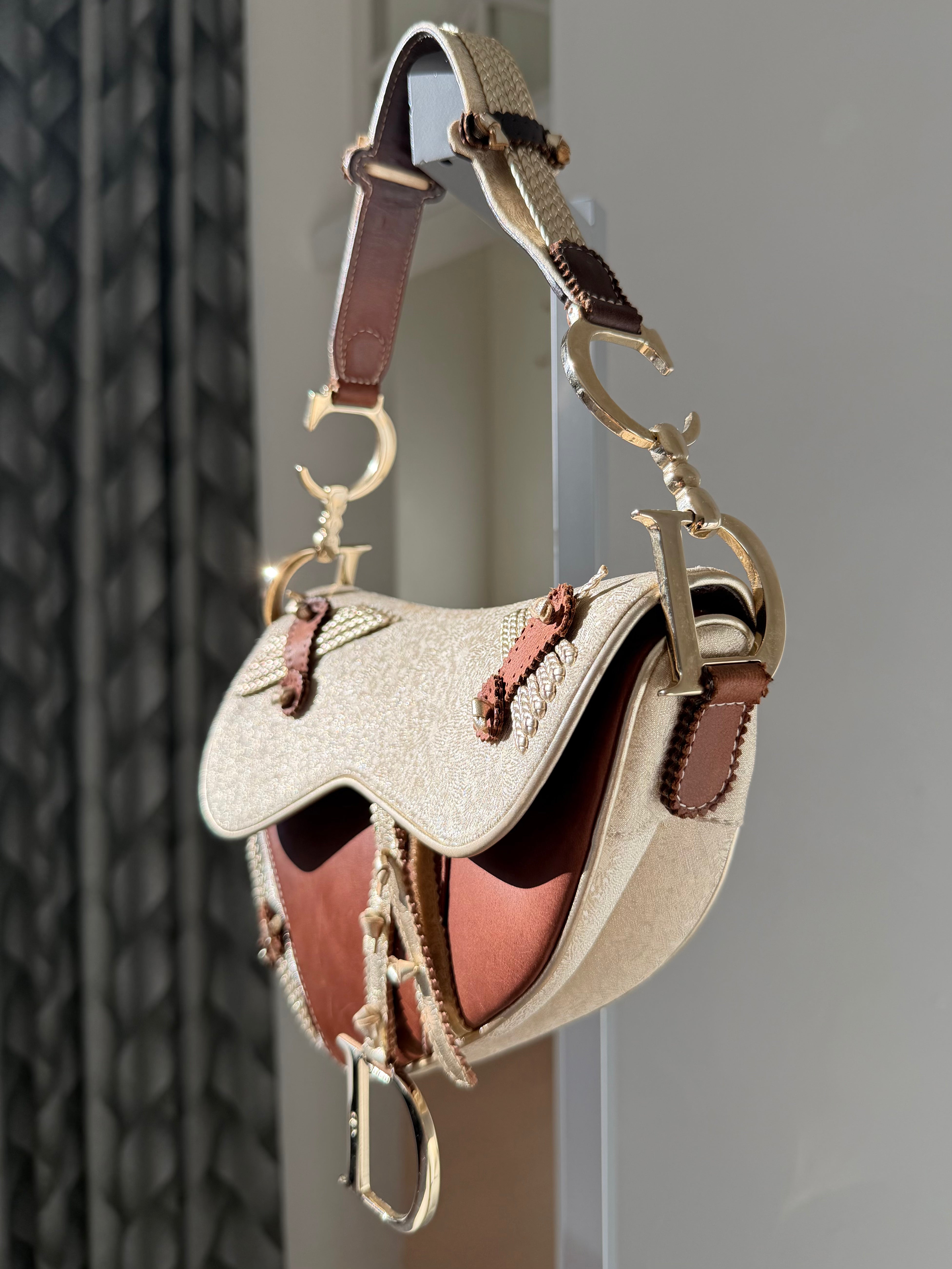 Brown & Ivory Metallic Gold Leather Saddle Bag