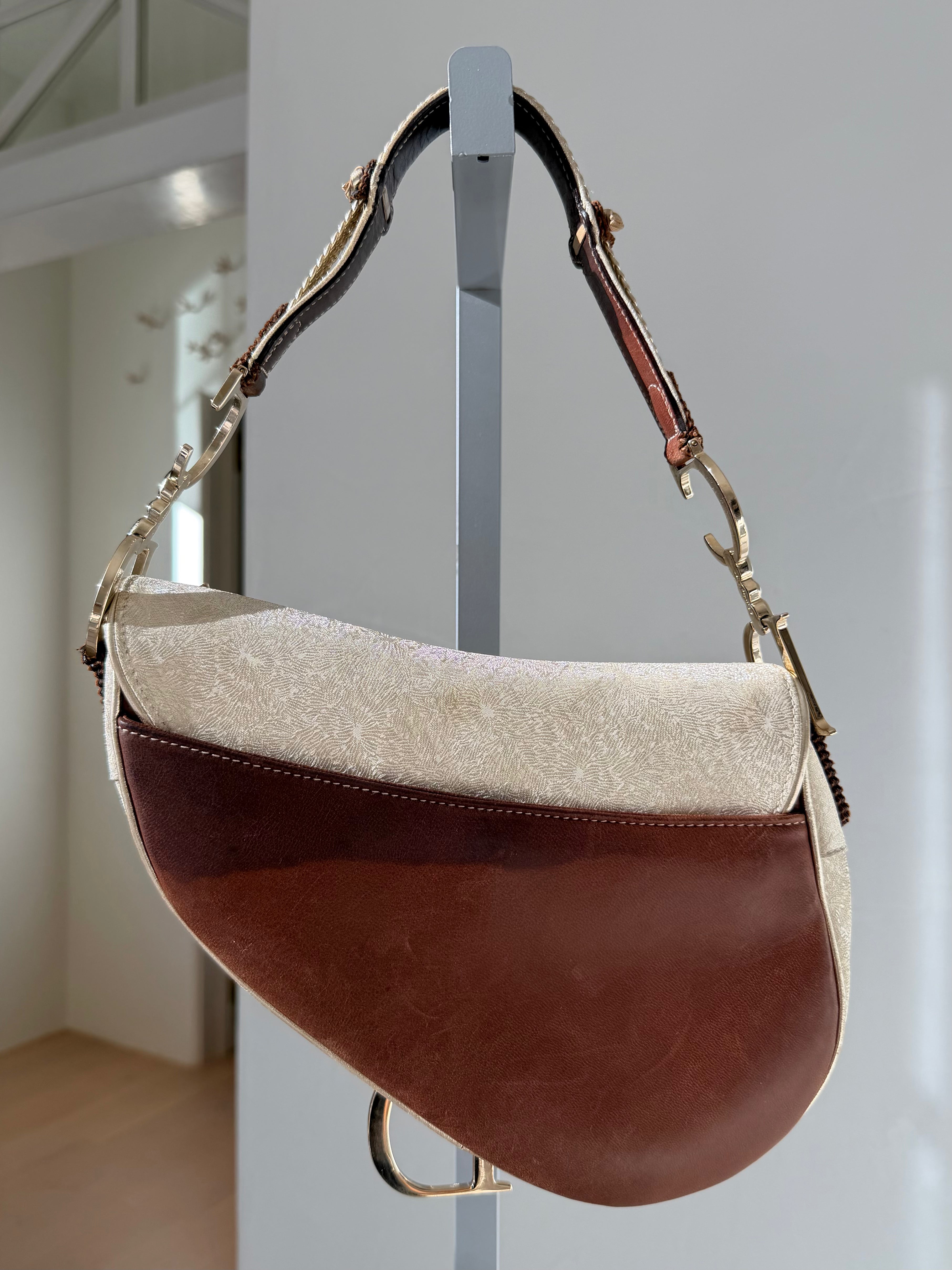 Brown & Ivory Metallic Gold Leather Saddle Bag
