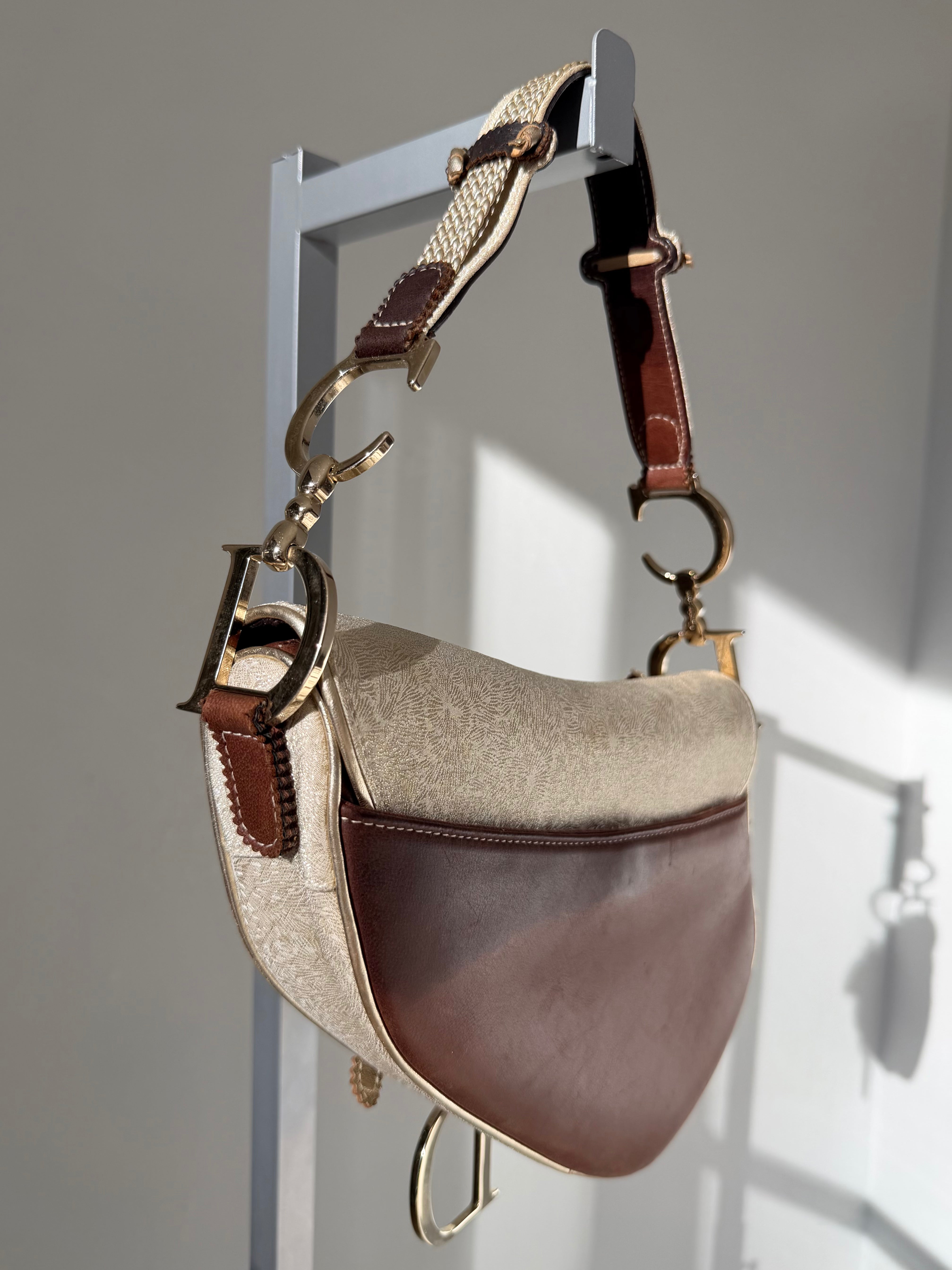 Brown & Ivory Metallic Gold Leather Saddle Bag