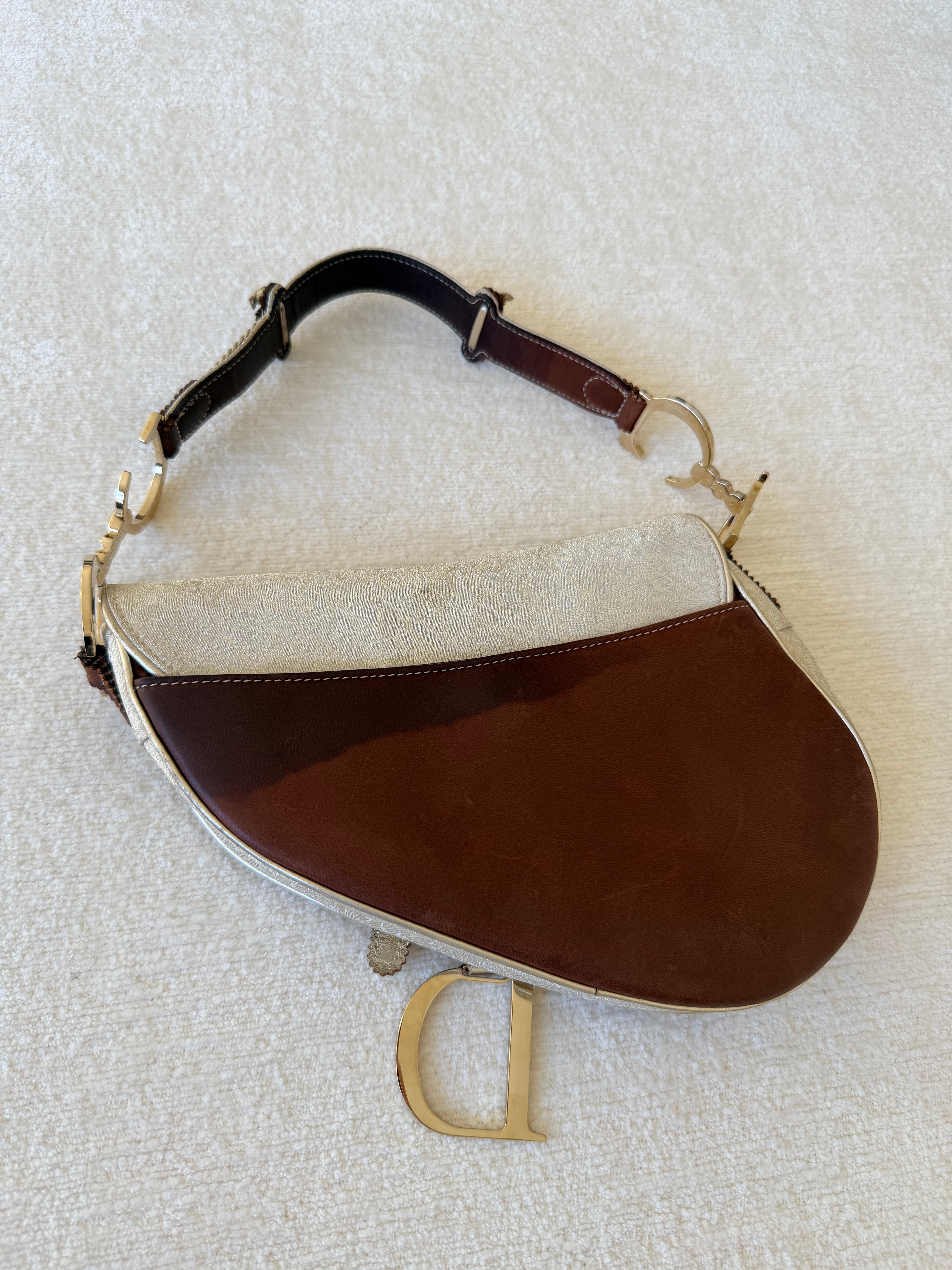 Brown & Ivory Metallic Gold Leather Saddle Bag