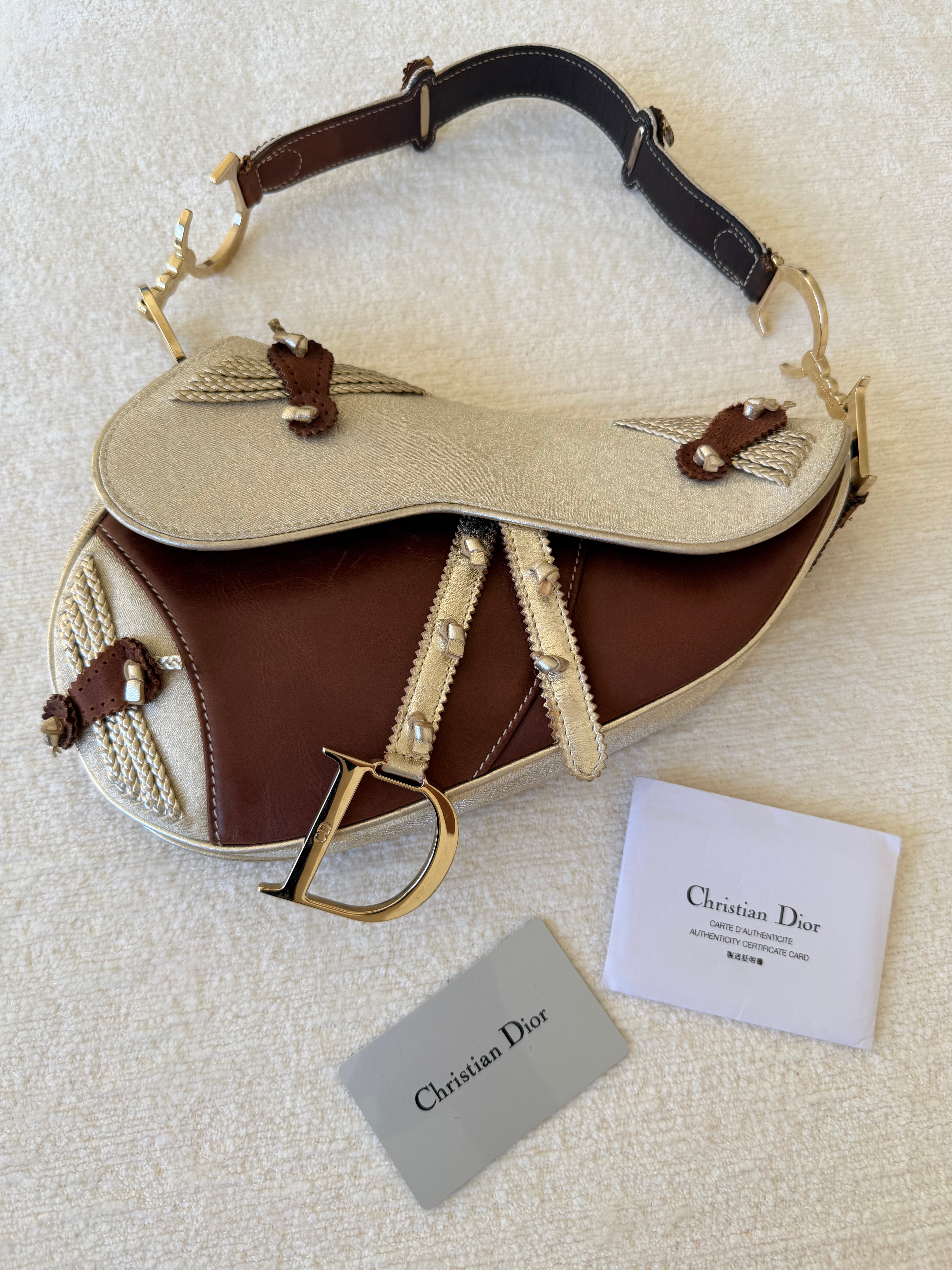 Brown & Ivory Metallic Gold Leather Saddle Bag