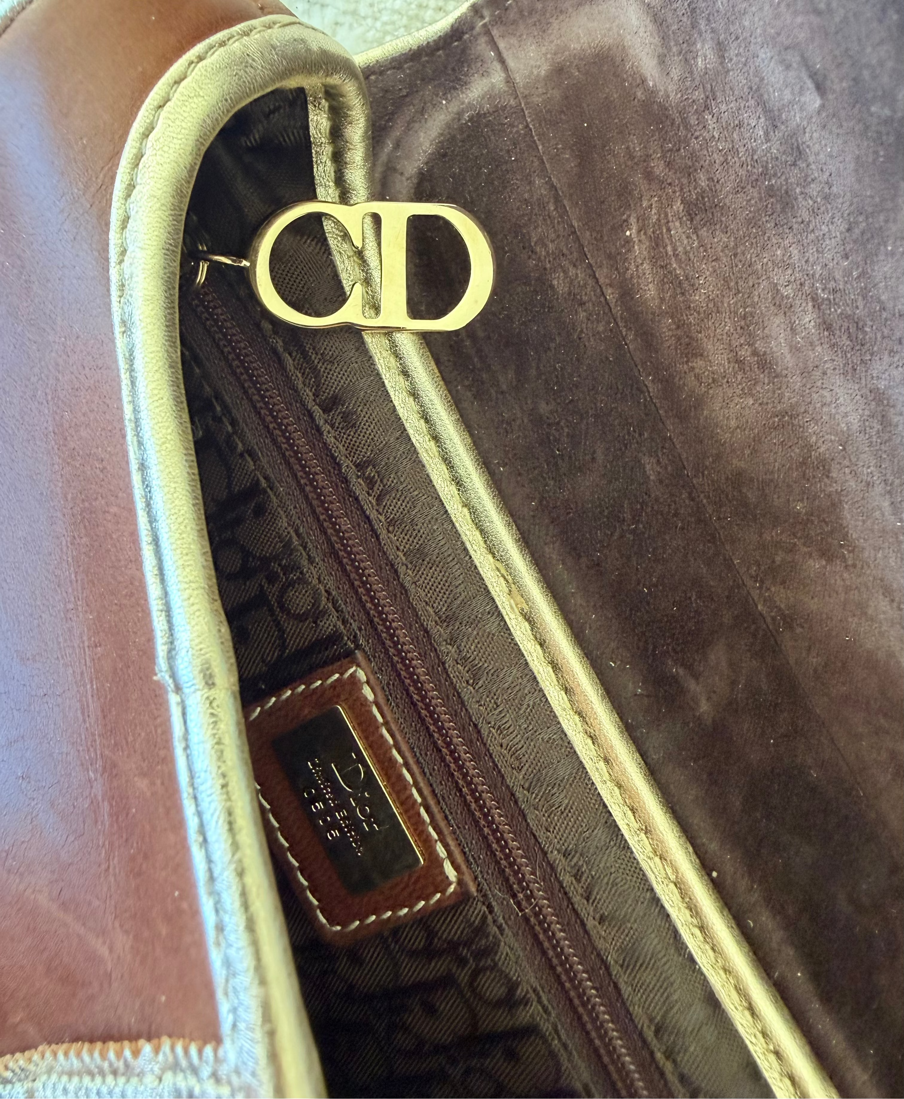 Brown & Ivory Metallic Gold Leather Saddle Bag