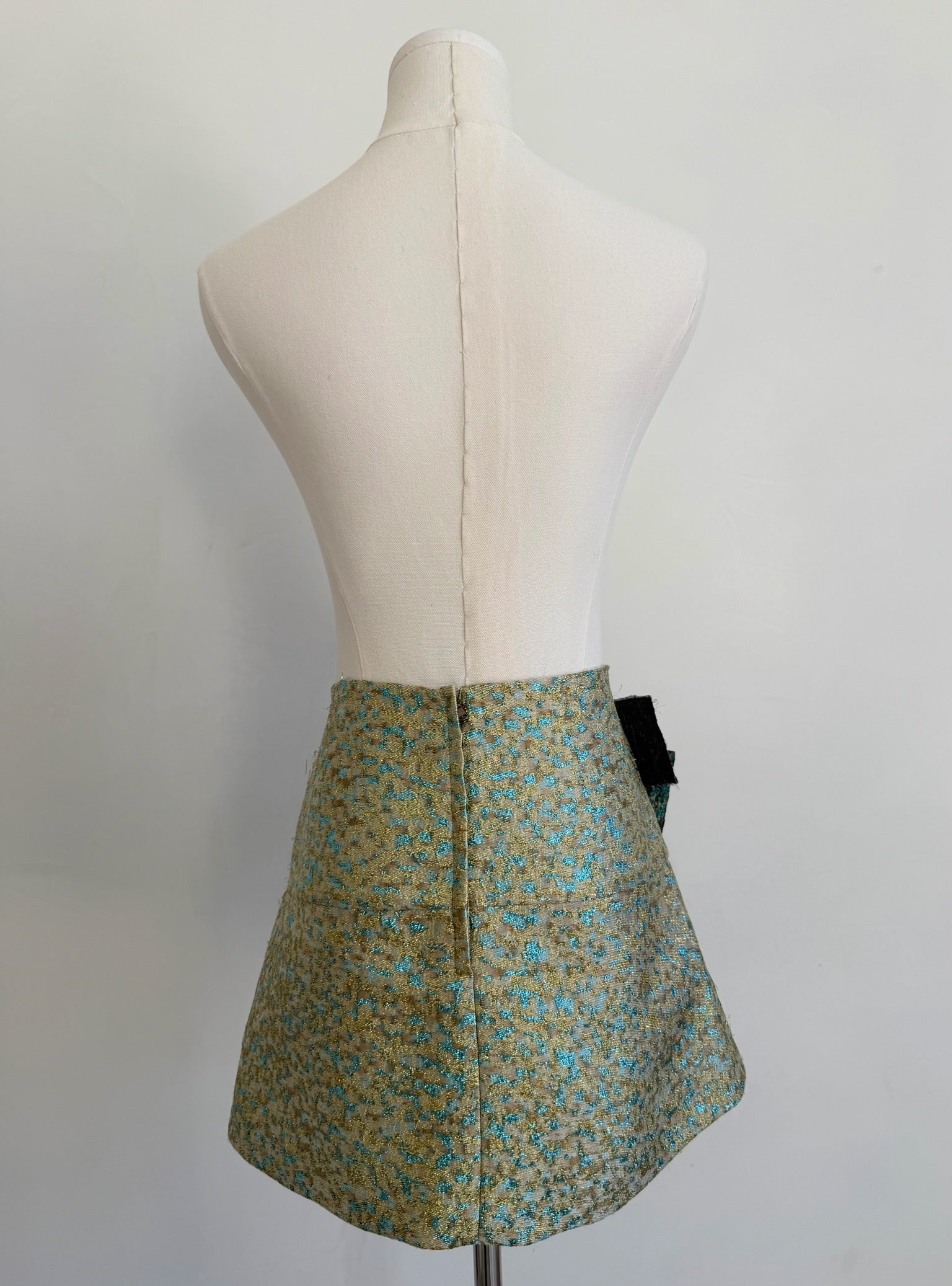 Green & Blue Metallic Jacquard Embellished Mini Skirt with Jewel Buckled Bow