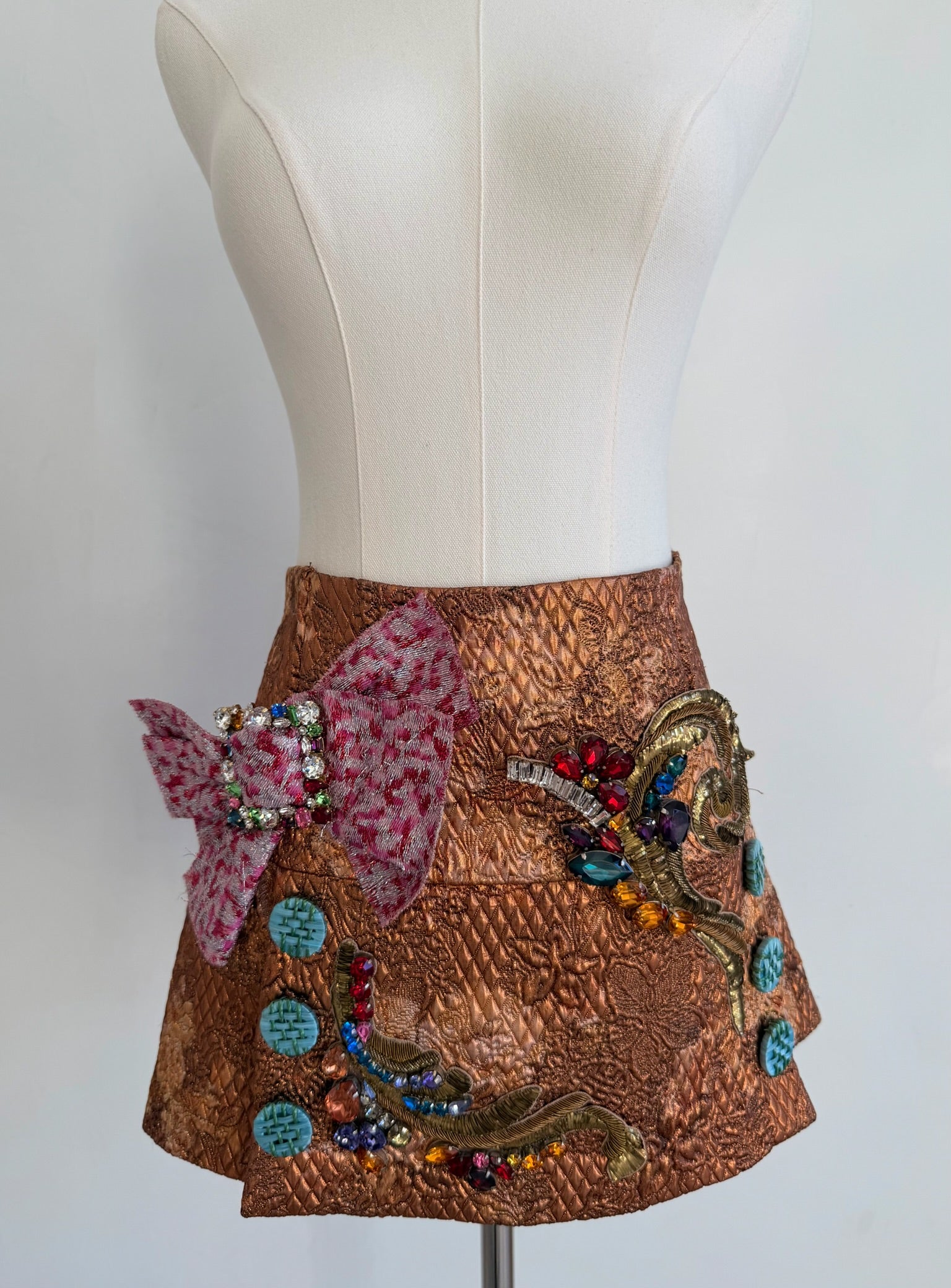 Bronze Quilted Embellished Mini Skirt with Jewel Bow