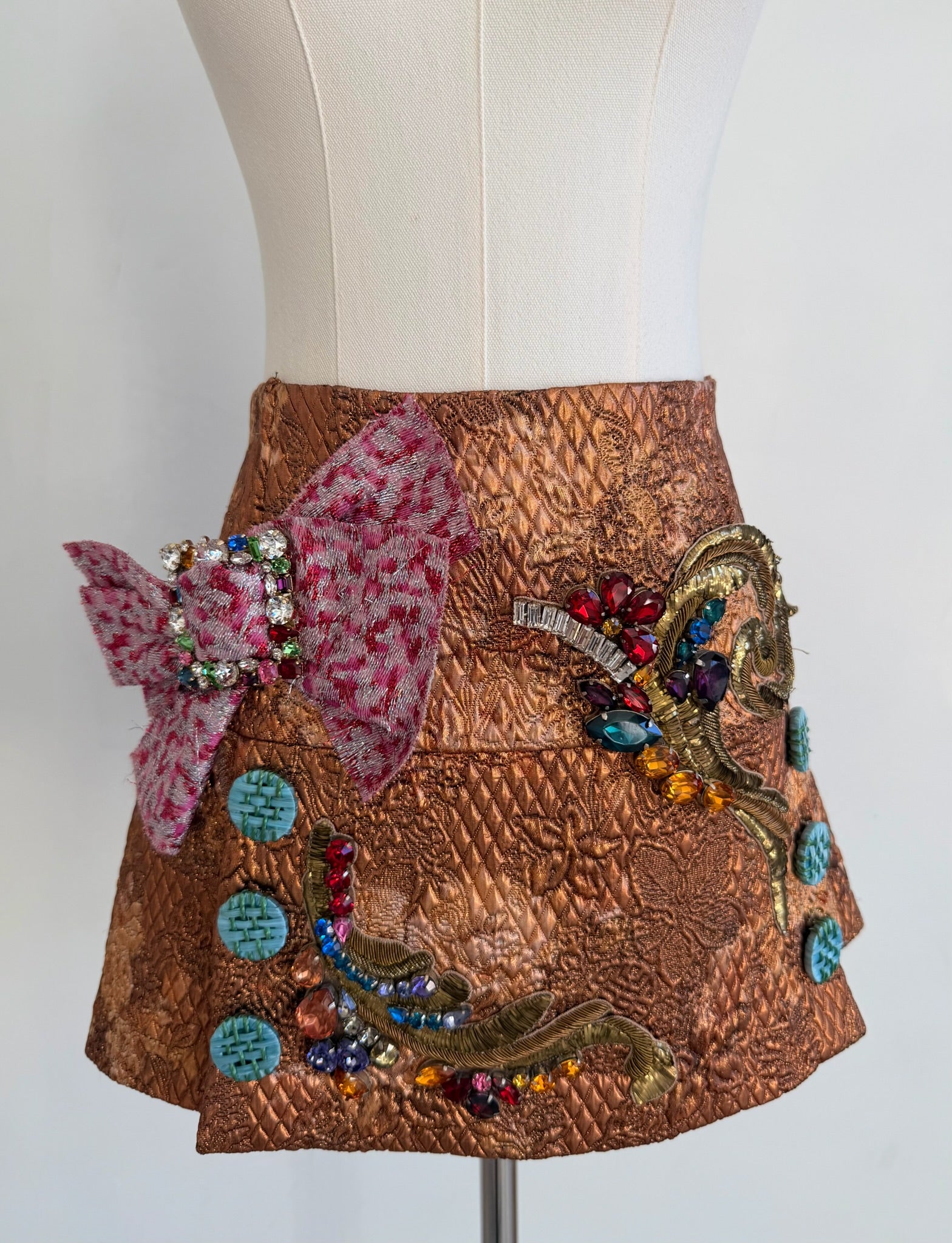 Bronze Quilted Embellished Mini Skirt with Jewel Bow
