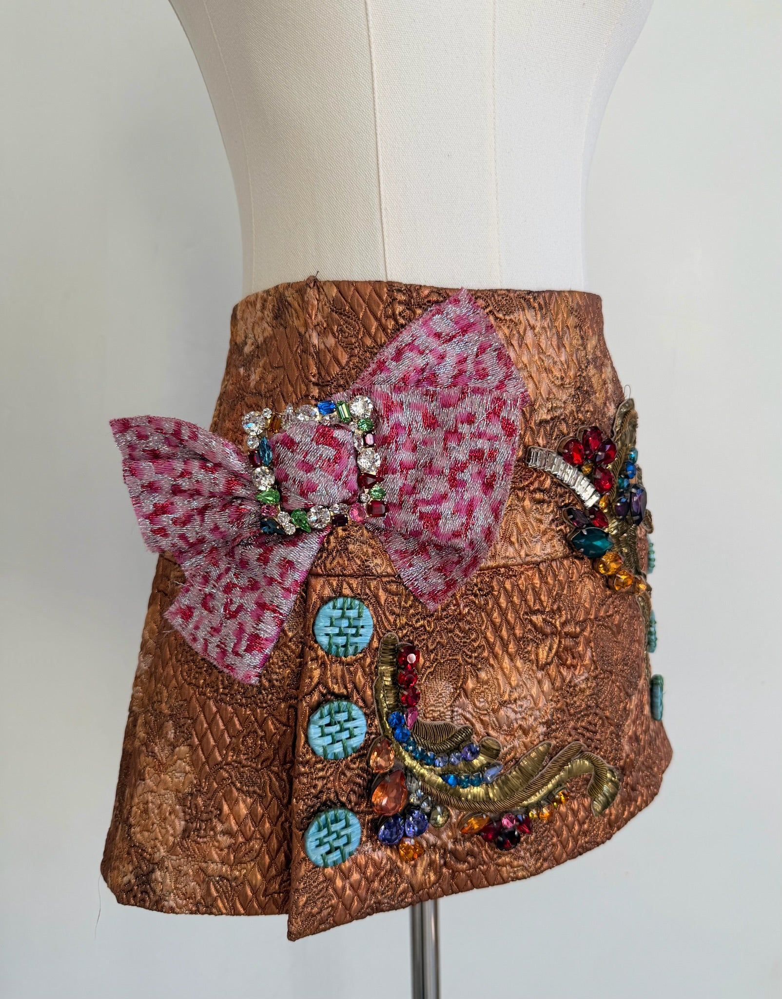 Bronze Quilted Embellished Mini Skirt with Jewel Bow