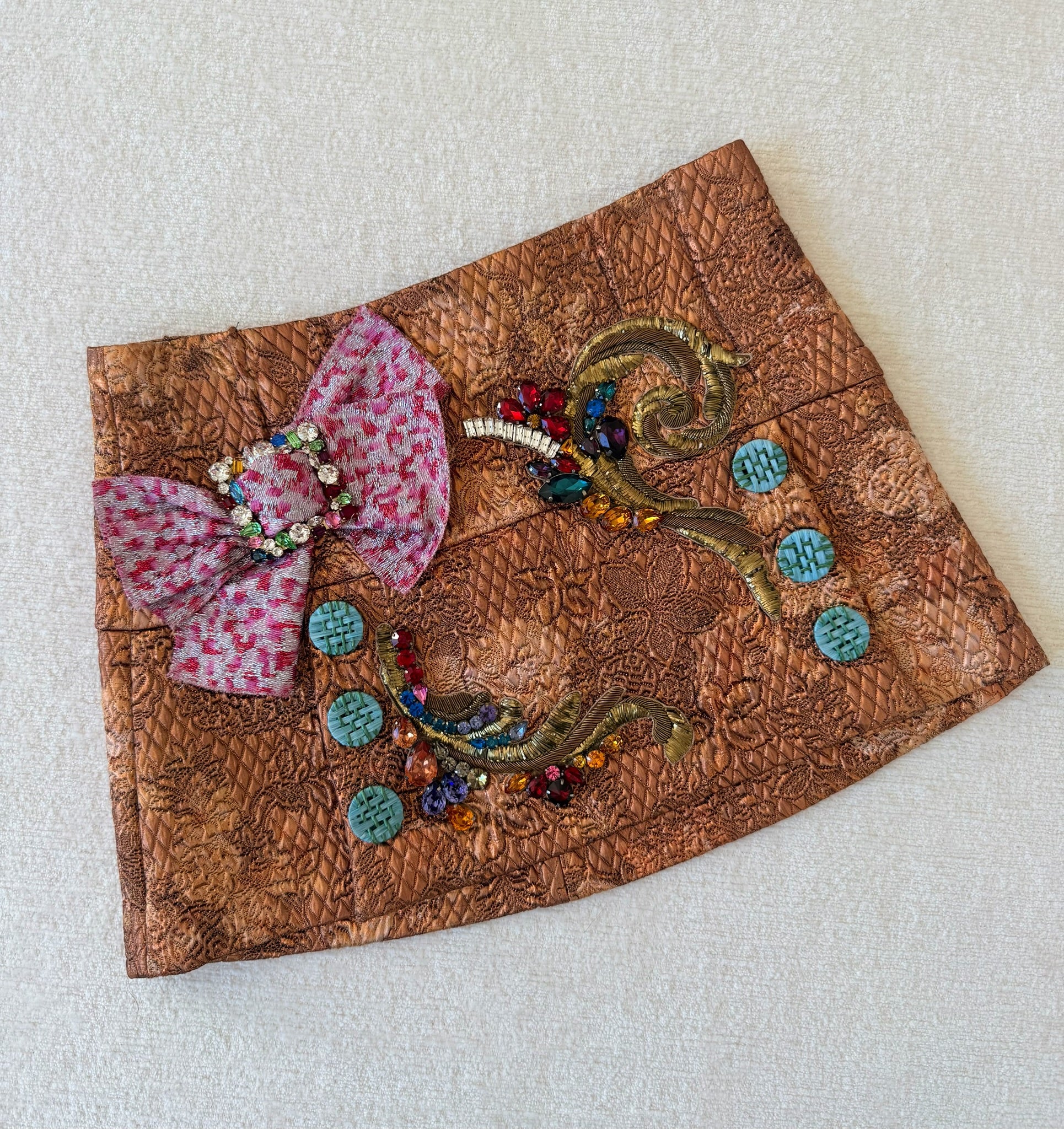 Bronze Quilted Embellished Mini Skirt with Jewel Bow