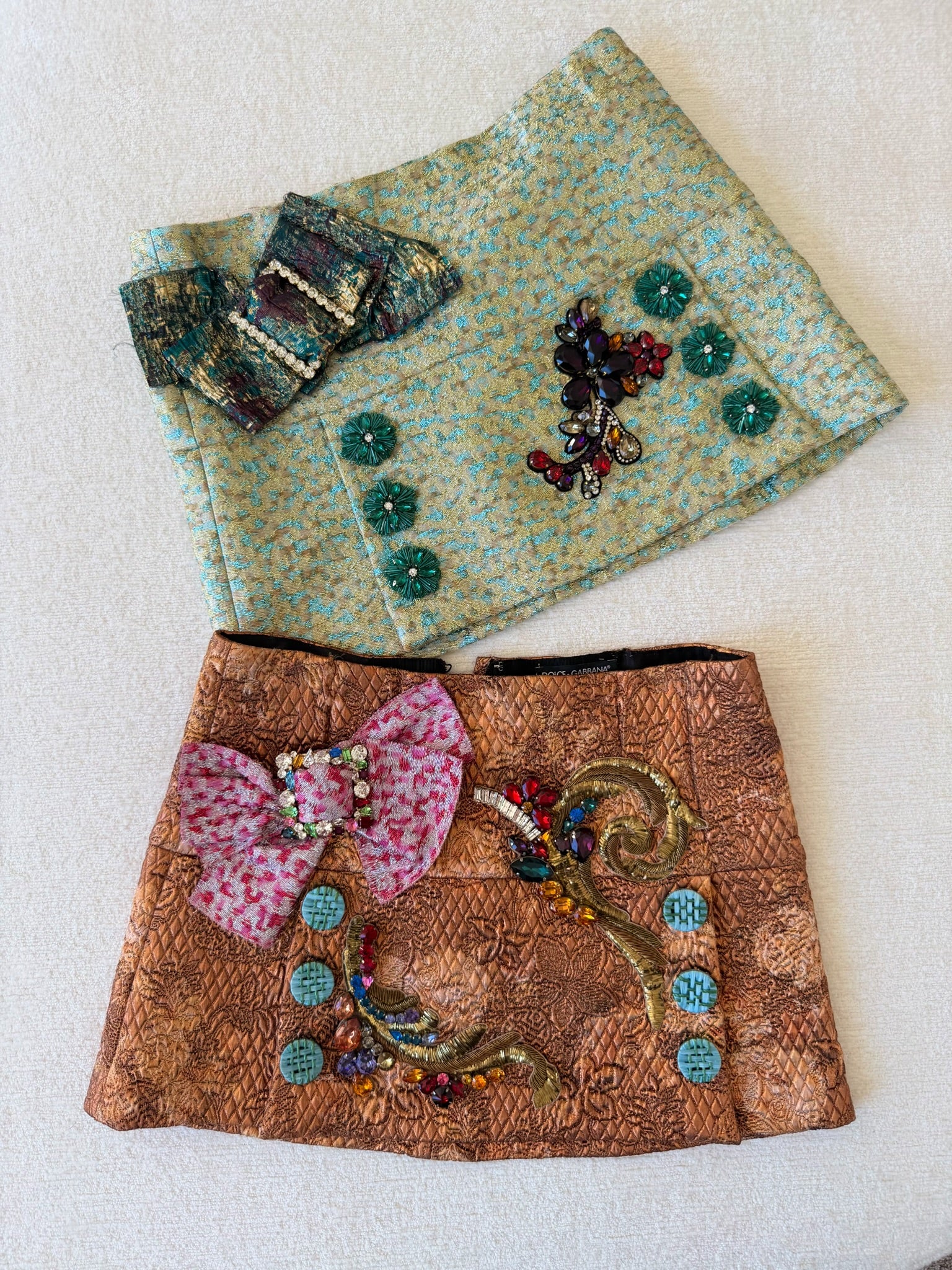 Bronze Quilted Embellished Mini Skirt with Jewel Bow
