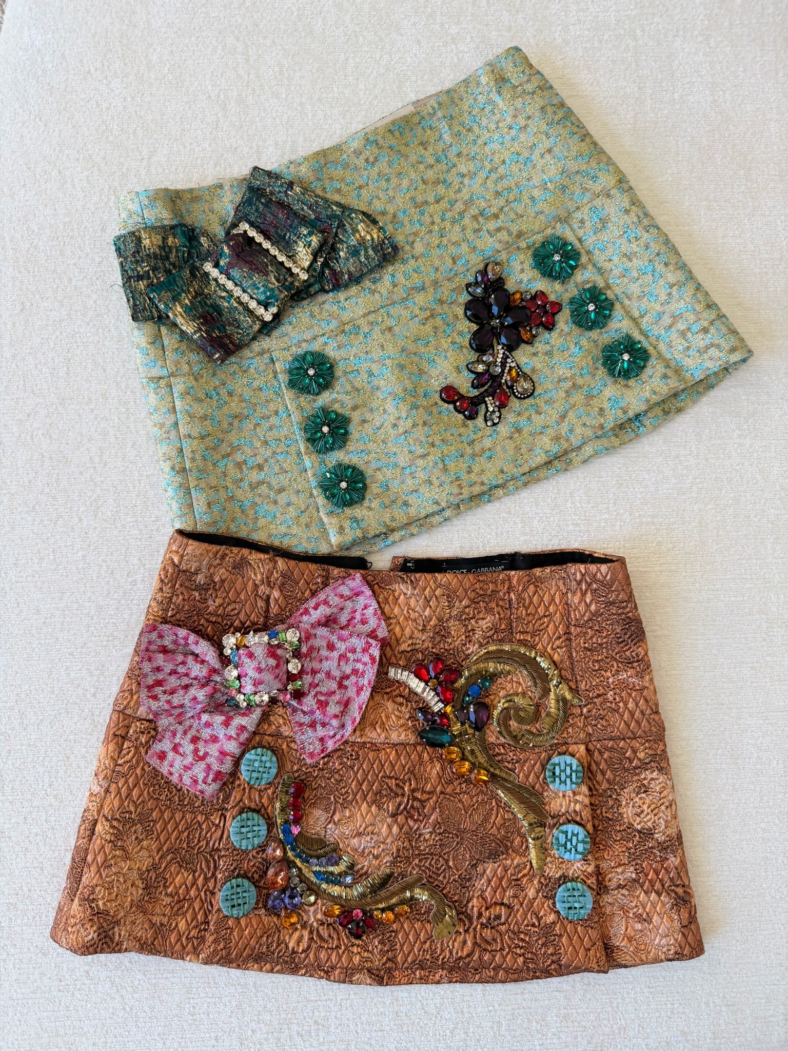 Green & Blue Metallic Jacquard Embellished Mini Skirt with Jewel Buckled Bow