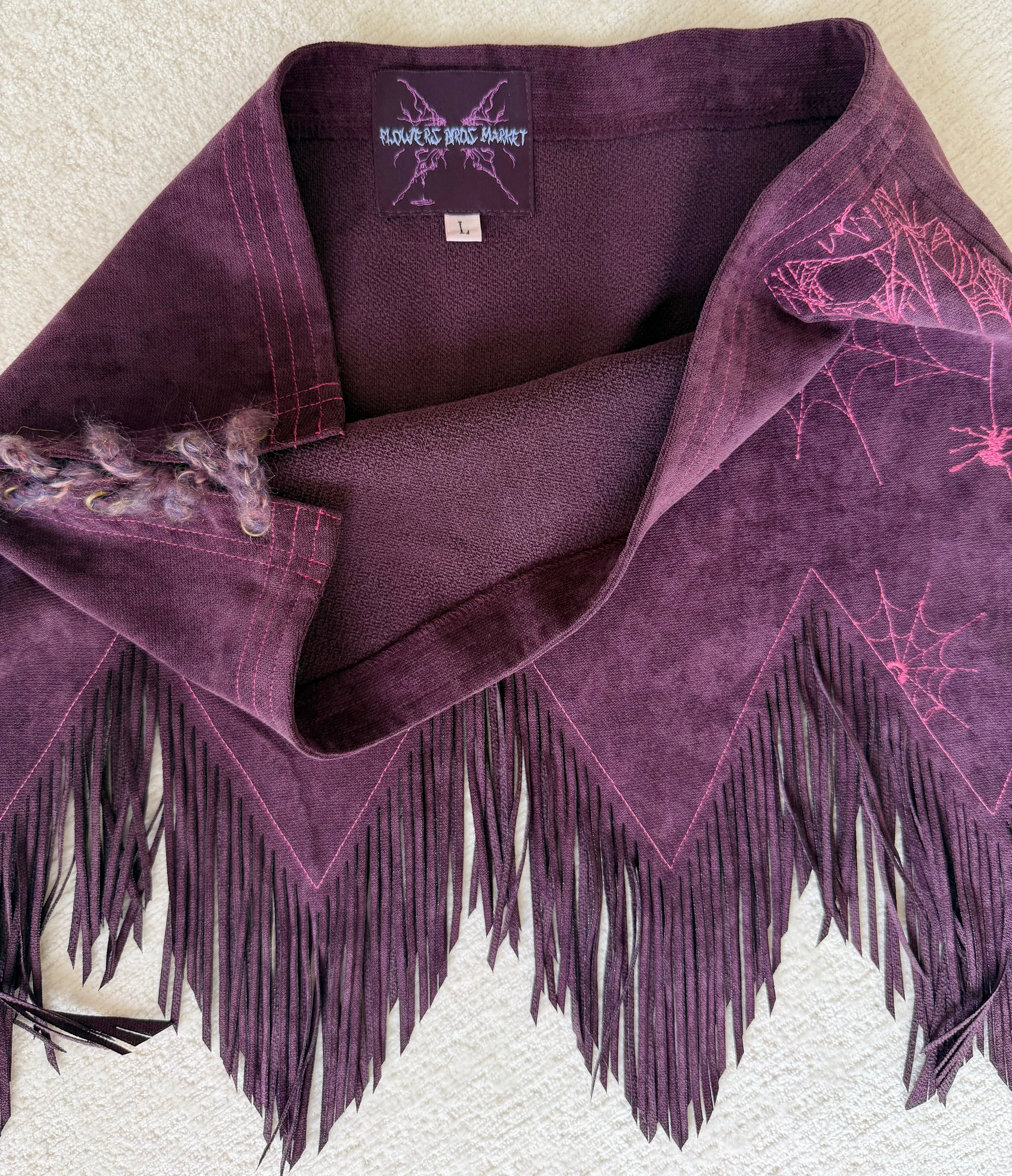 Purple Suede Spiderweb Fringe Mini Skirt