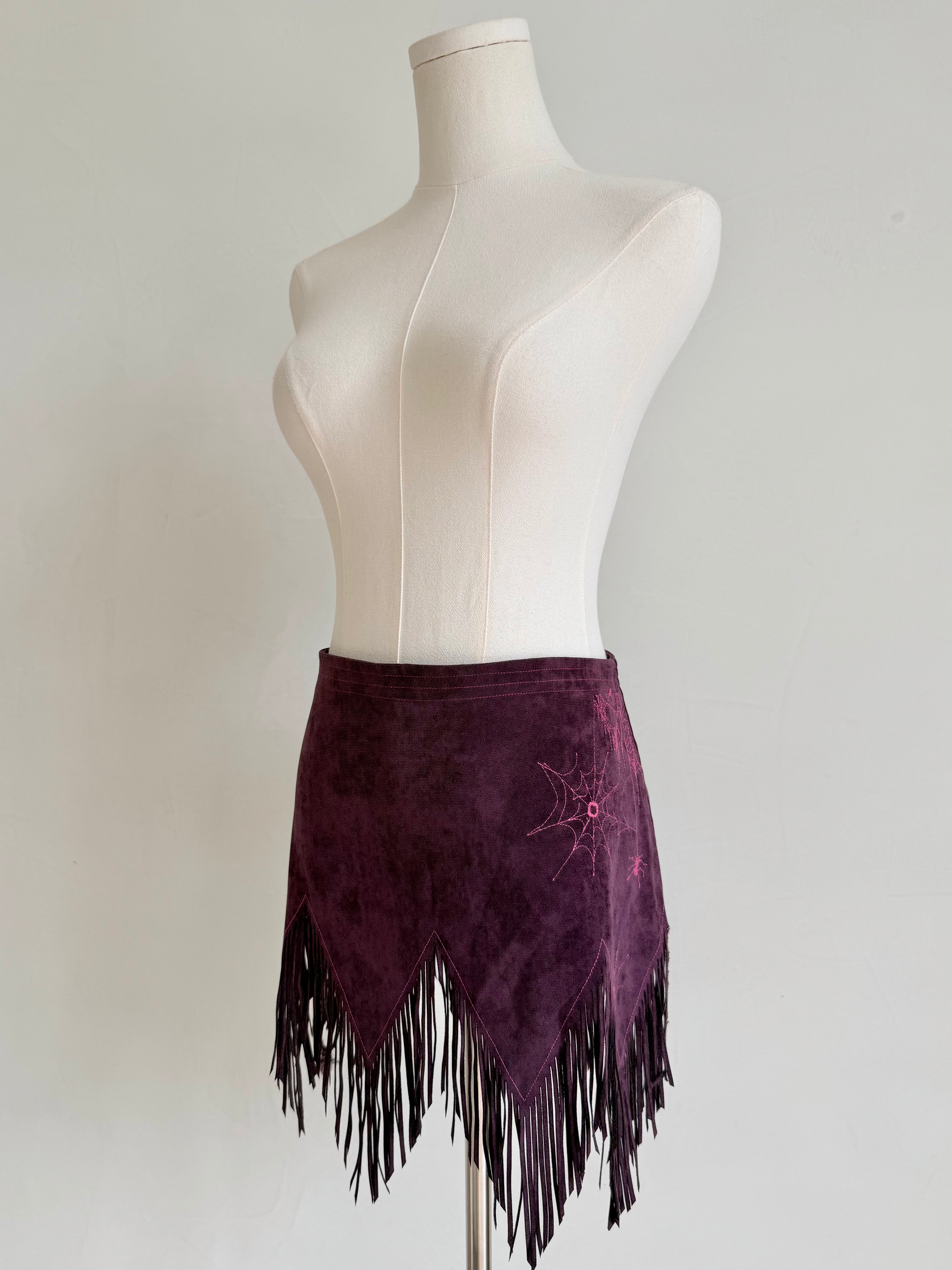 Purple Suede Spiderweb Fringe Mini Skirt