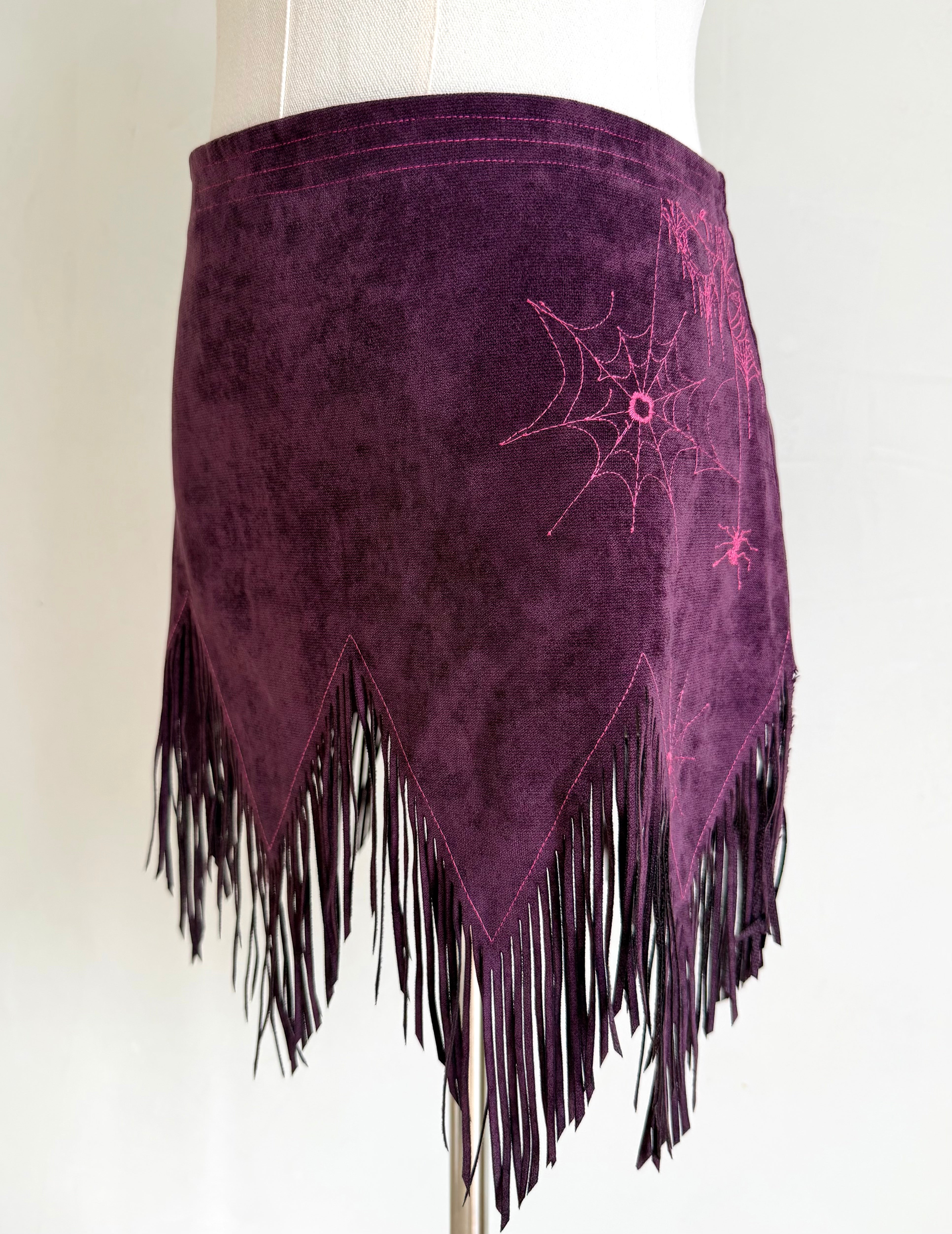 Purple Suede Spiderweb Fringe Mini Skirt