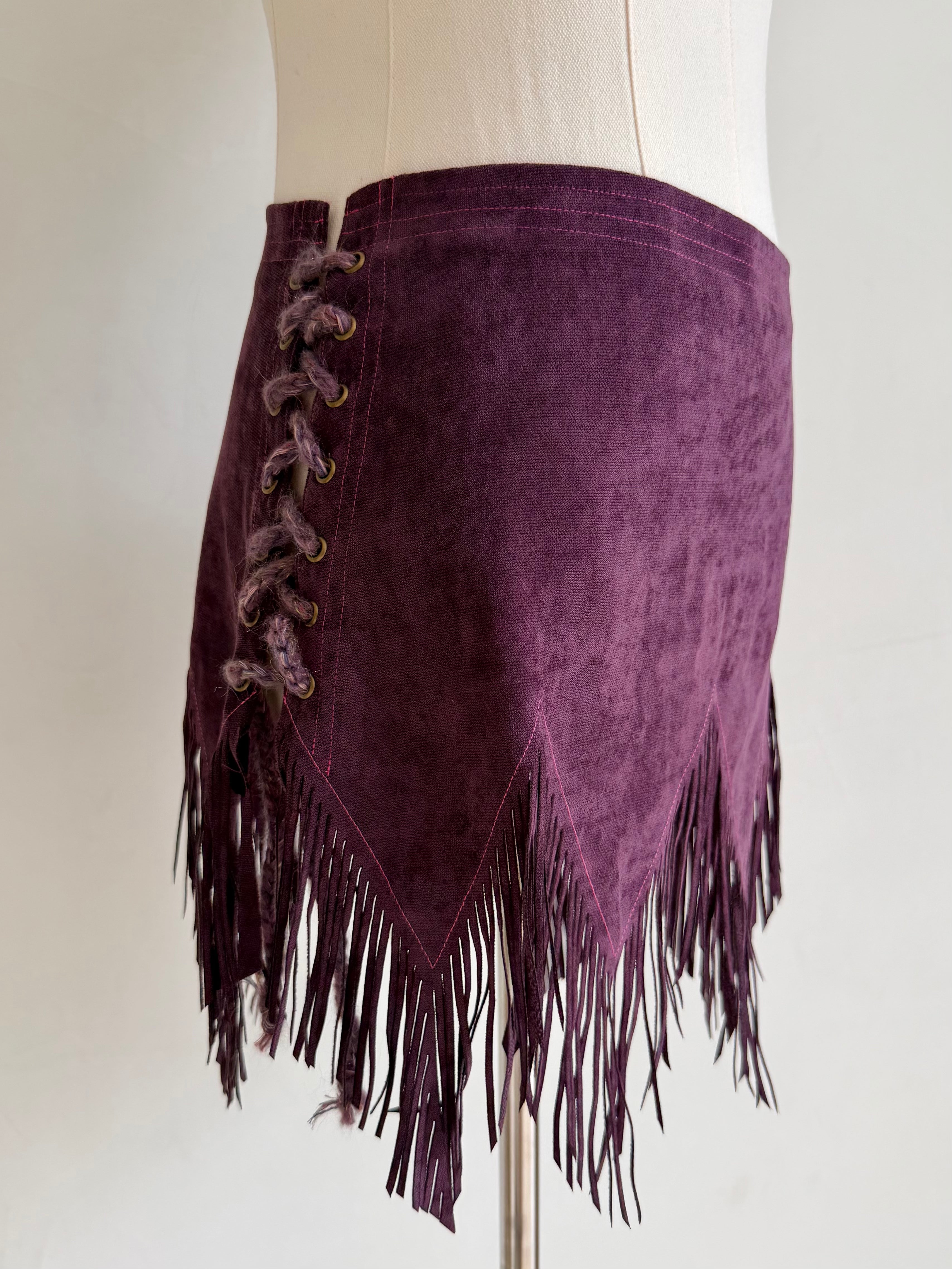 Purple Suede Spiderweb Fringe Mini Skirt