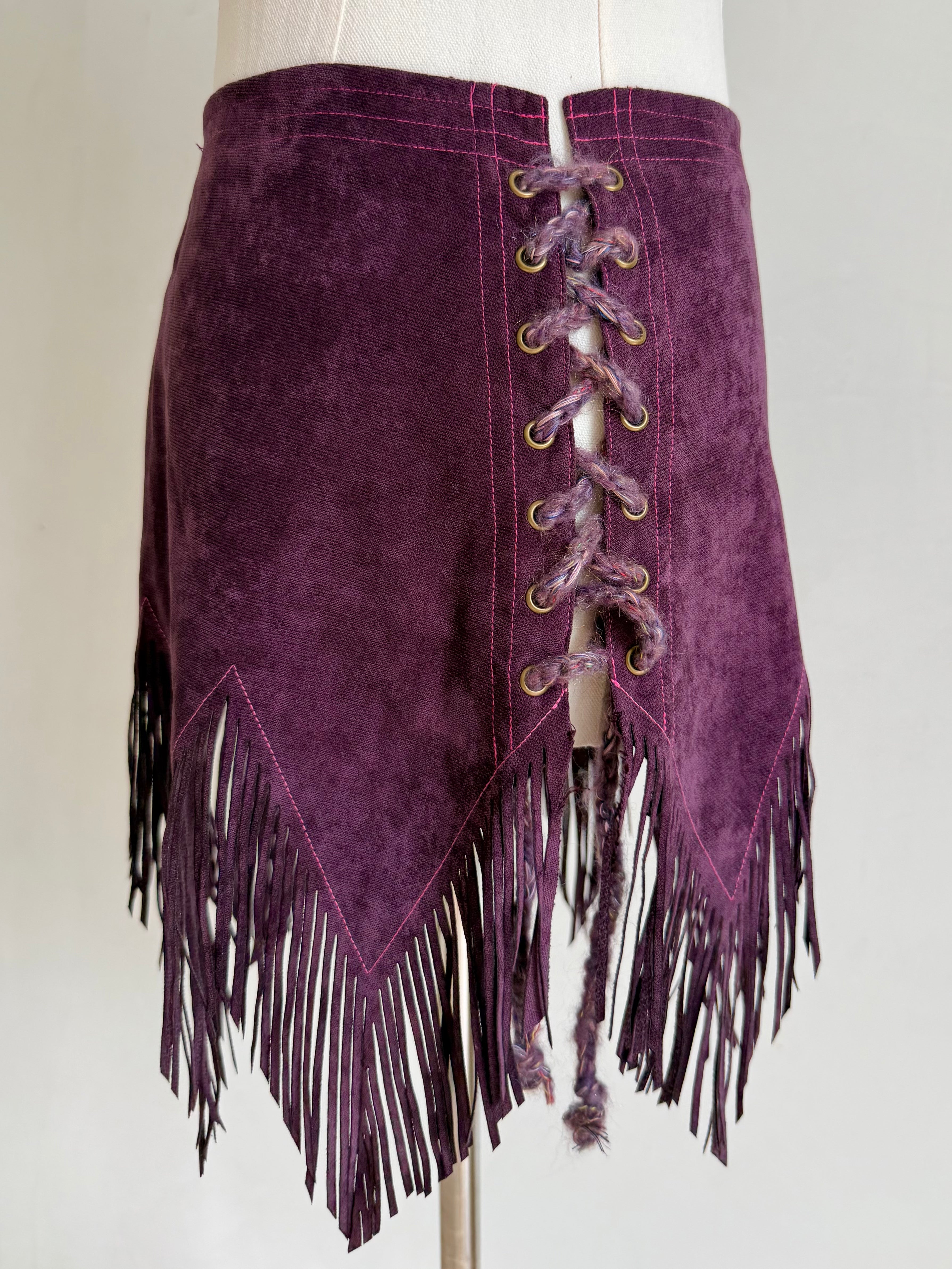 Purple Suede Spiderweb Fringe Mini Skirt