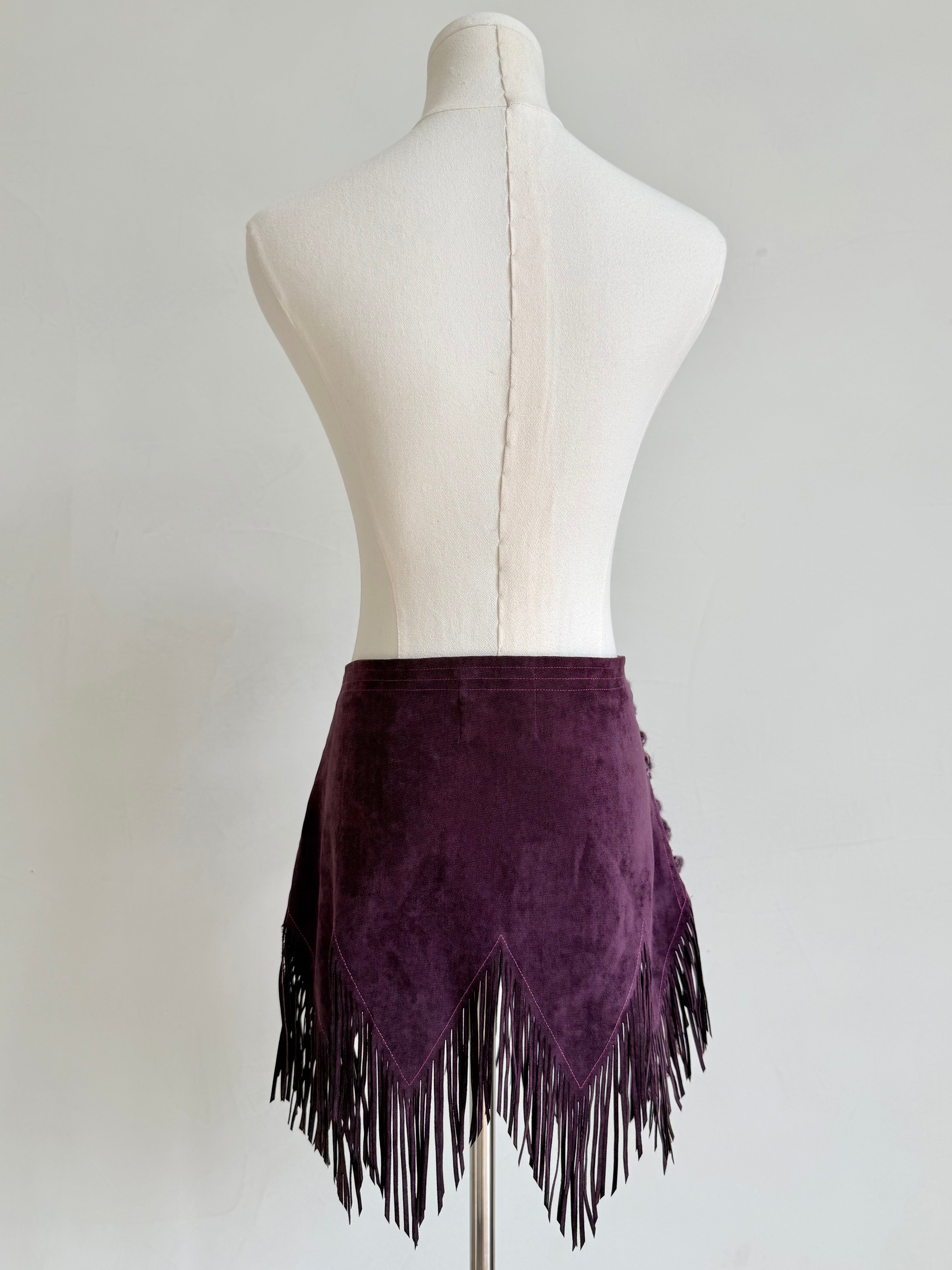 Purple Suede Spiderweb Fringe Mini Skirt