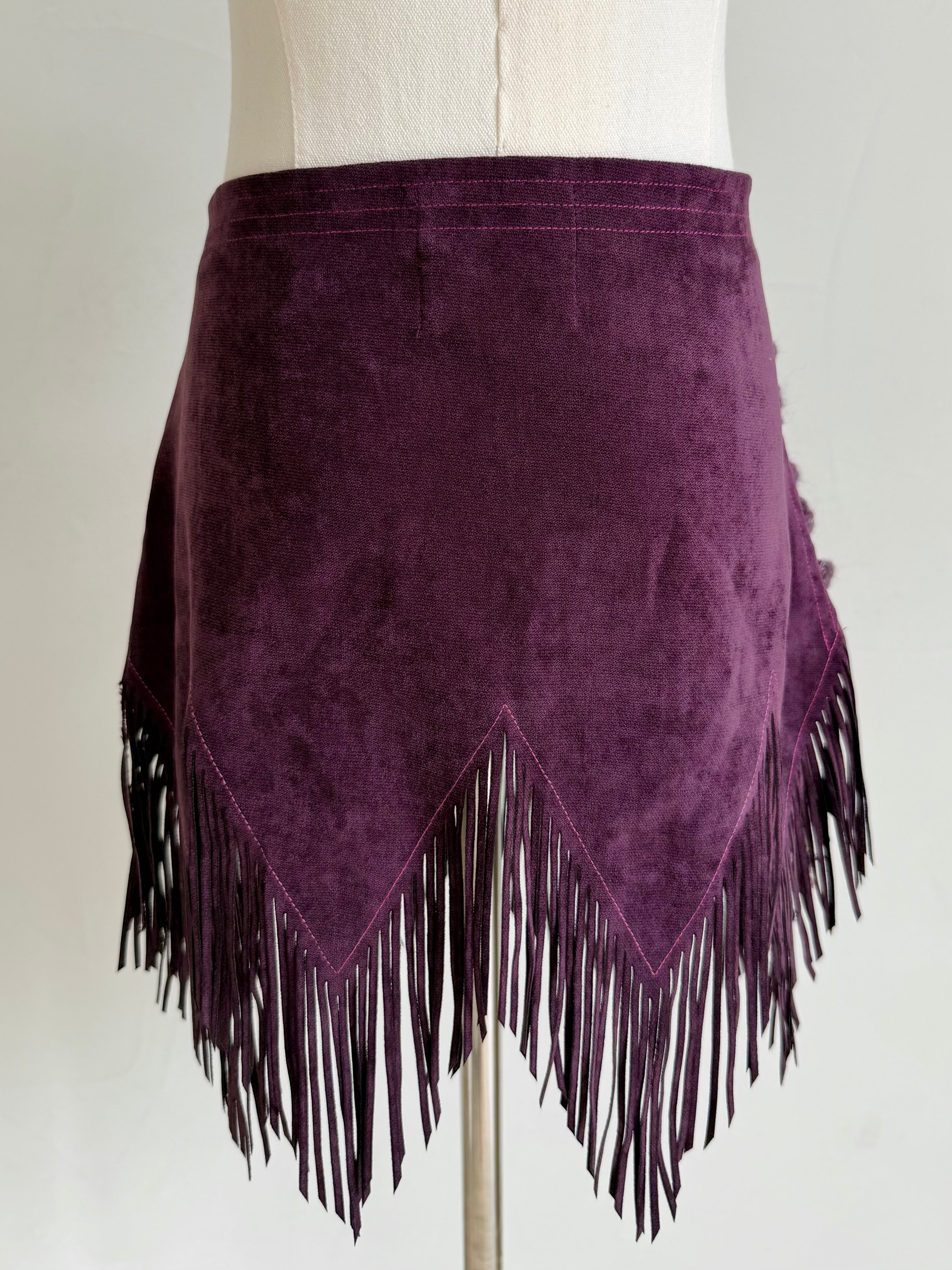 Purple Suede Spiderweb Fringe Mini Skirt