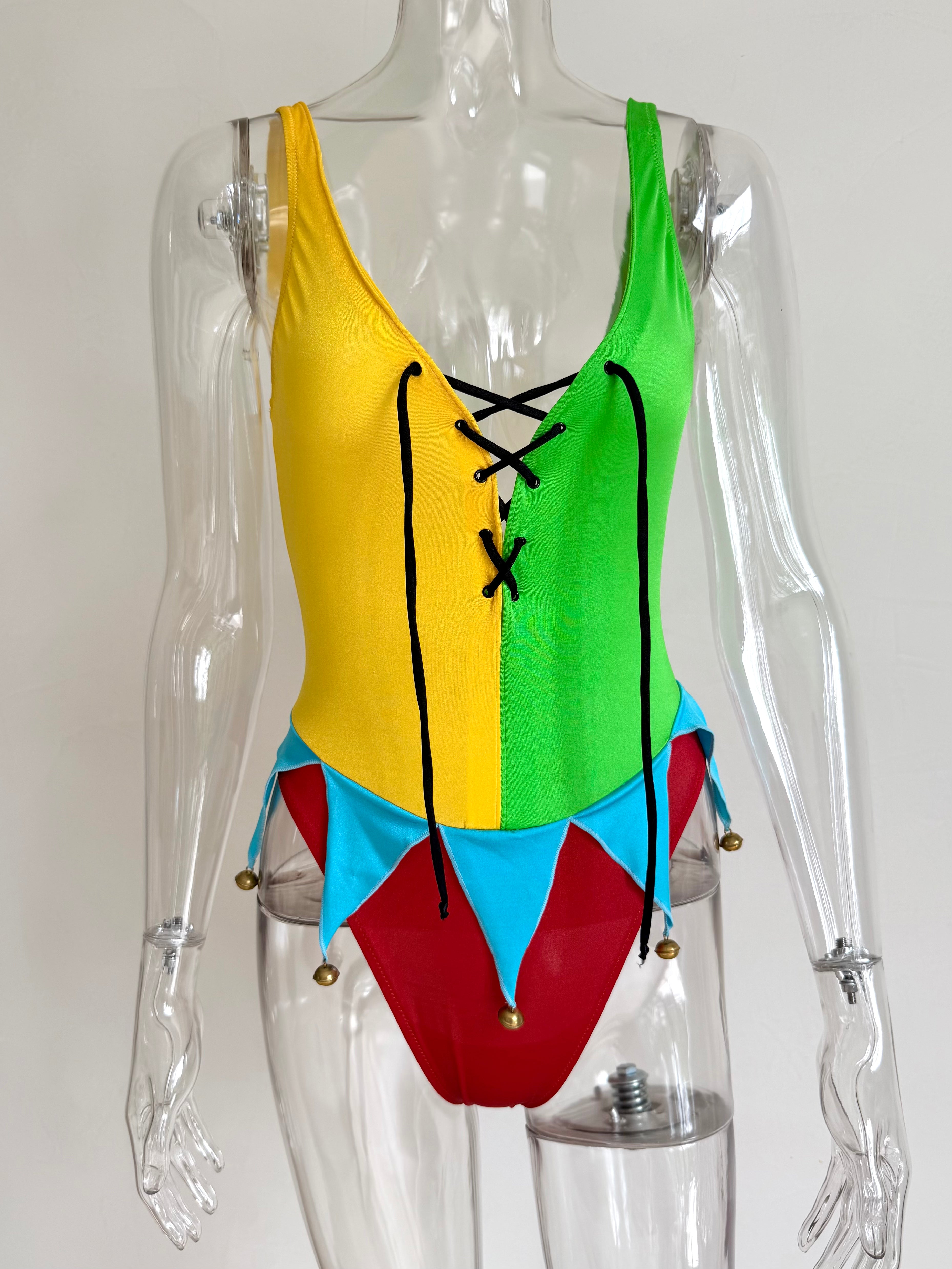 1990s Multicolor Jester One-Piece Swimsuit