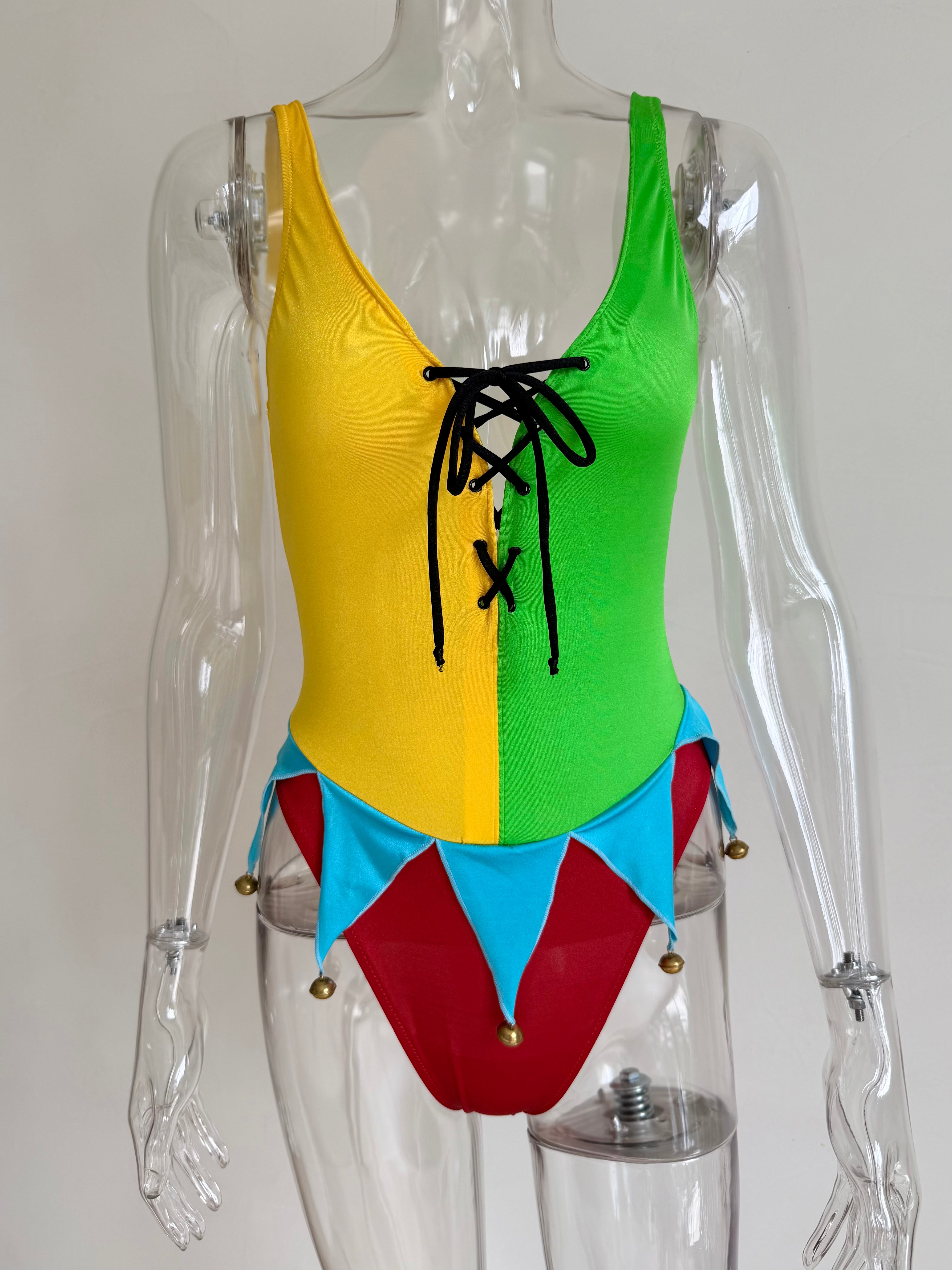 1990s Multicolor Jester One-Piece Swimsuit