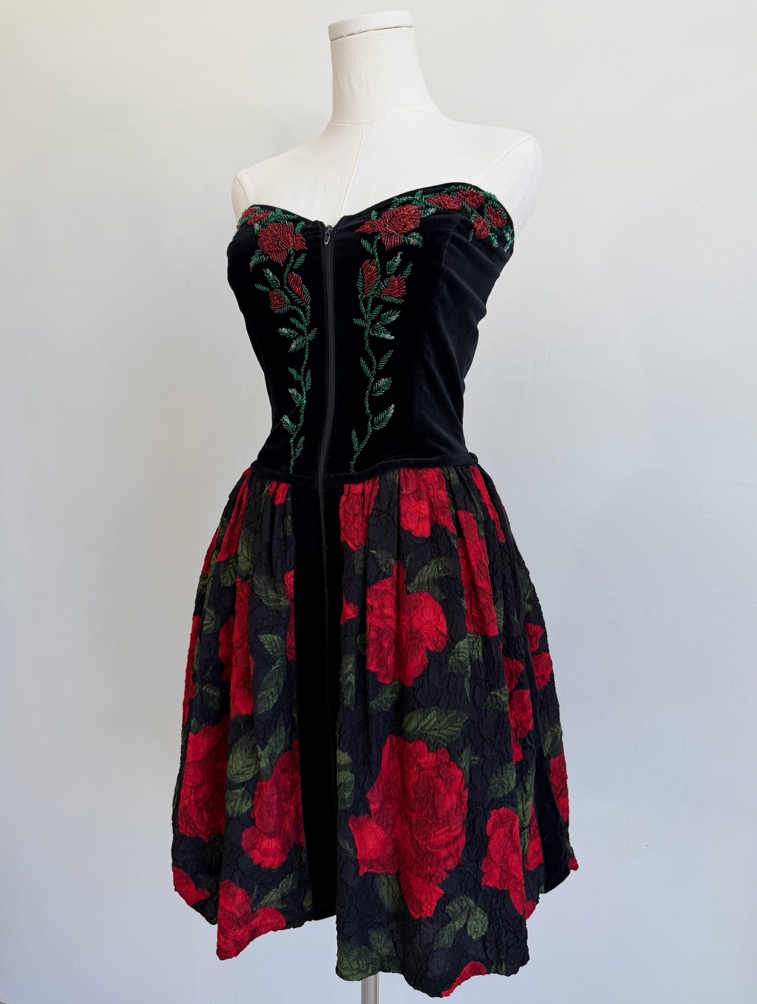 F/W 1991 Black Velvet Rose Strapless Dress