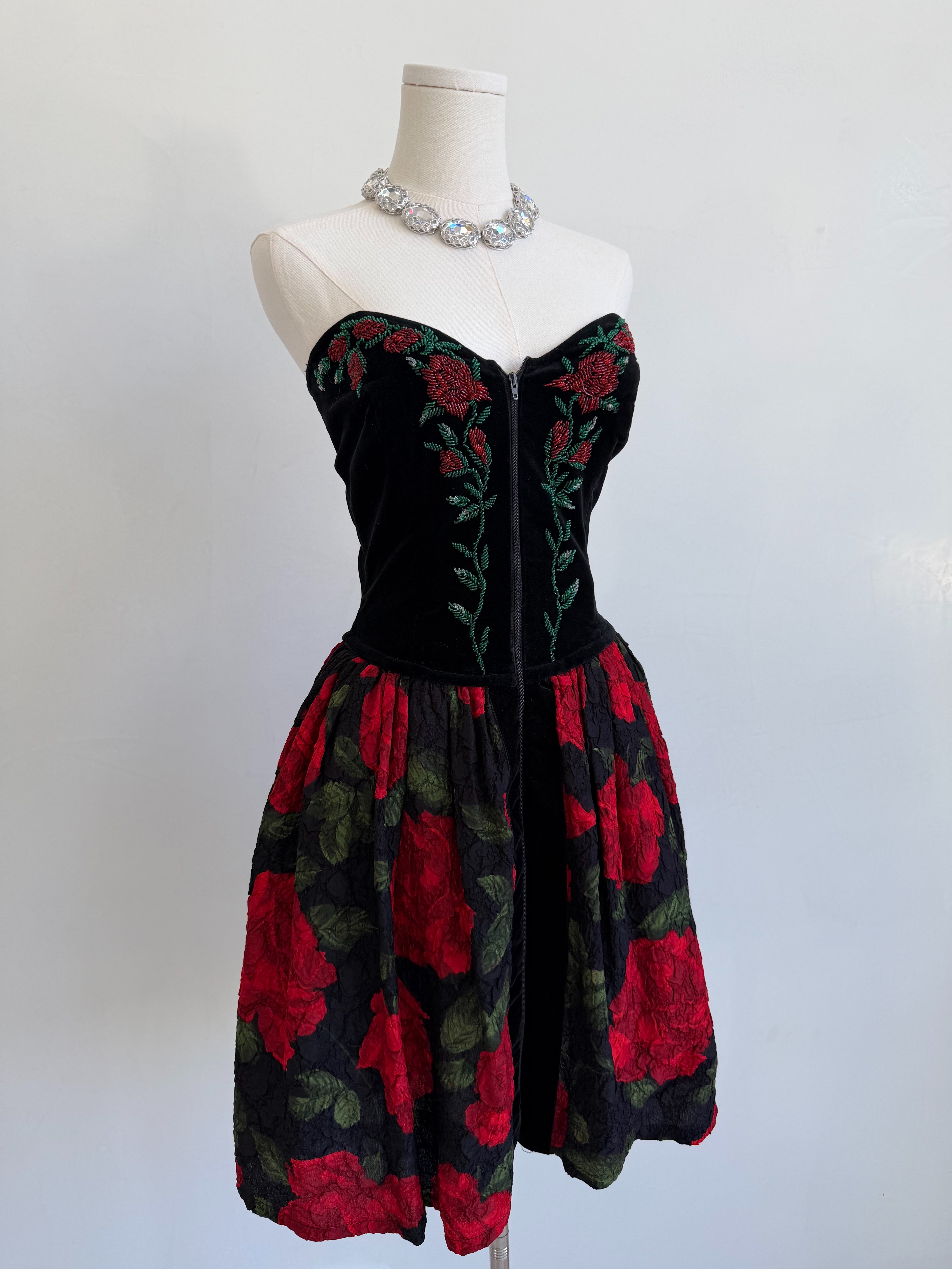 F/W 1991 Black Velvet Rose Strapless Dress