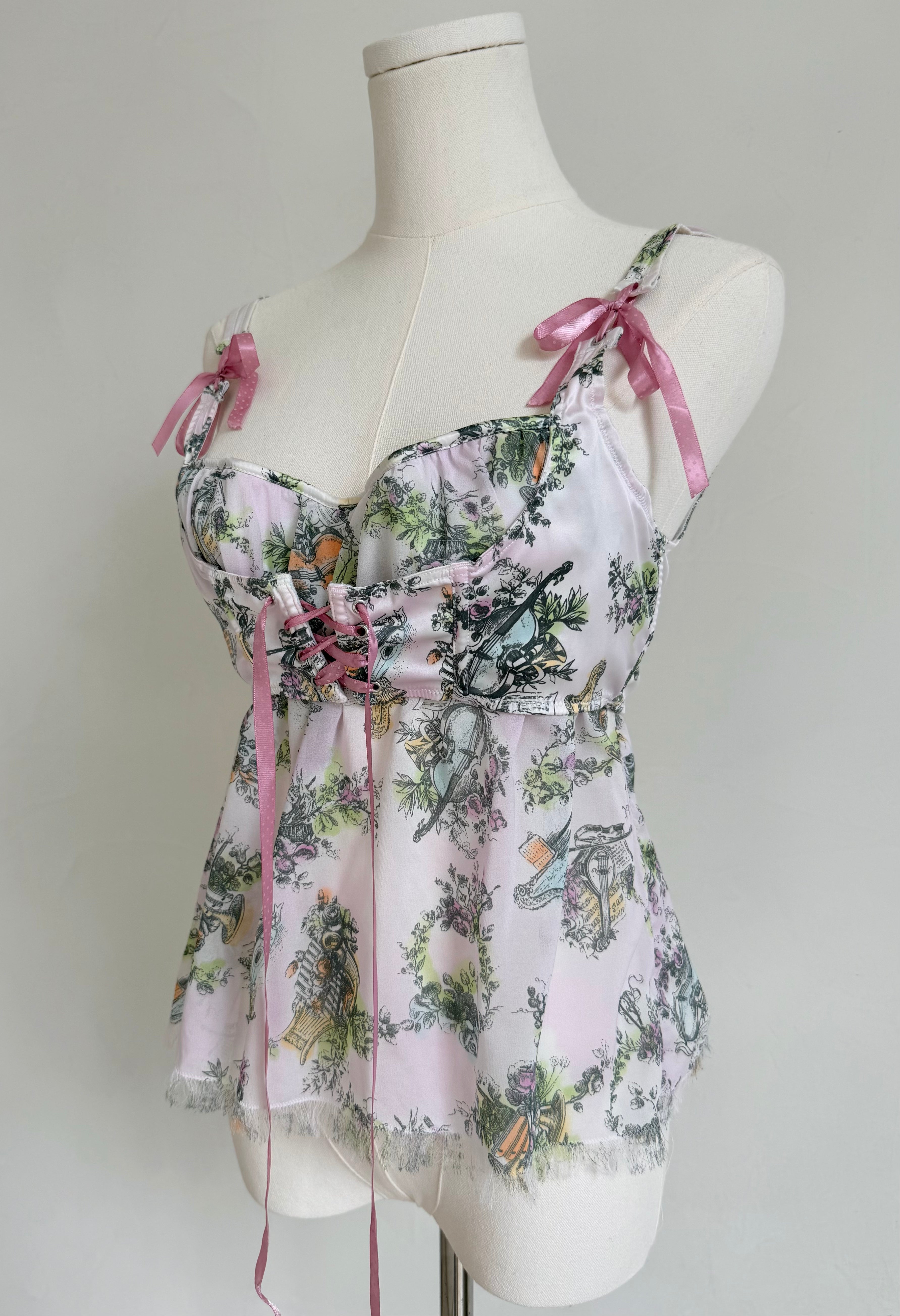 Lavender Sheer “Boudoir Toile” Ribbon Corset Top